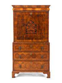 A William and Mary Style Oyster Walnut and Floral Marquetry Fall-Front Bureau
