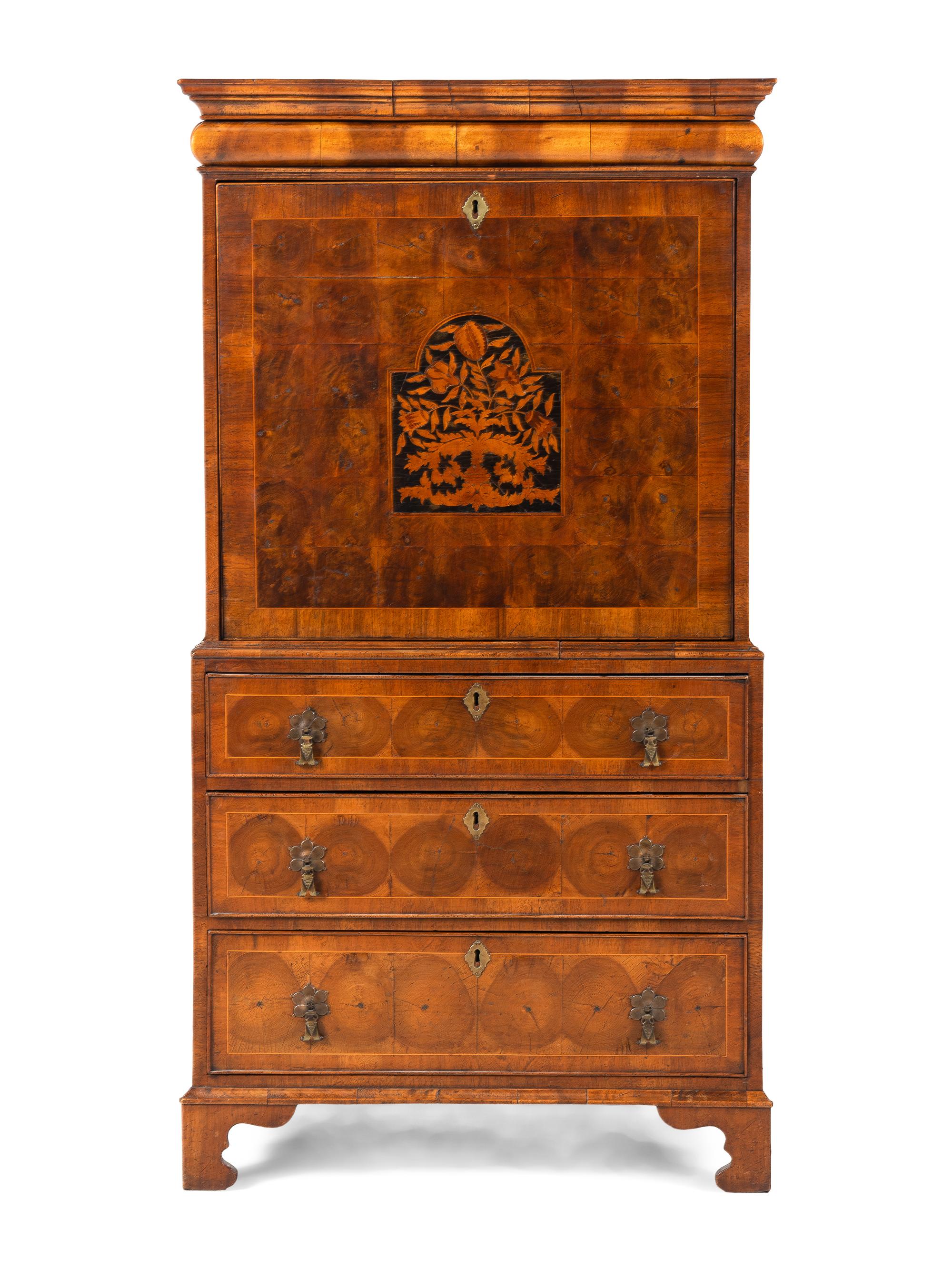 A William and Mary Style Oyster Walnut and Floral Marquetry Fall-Front Bureau