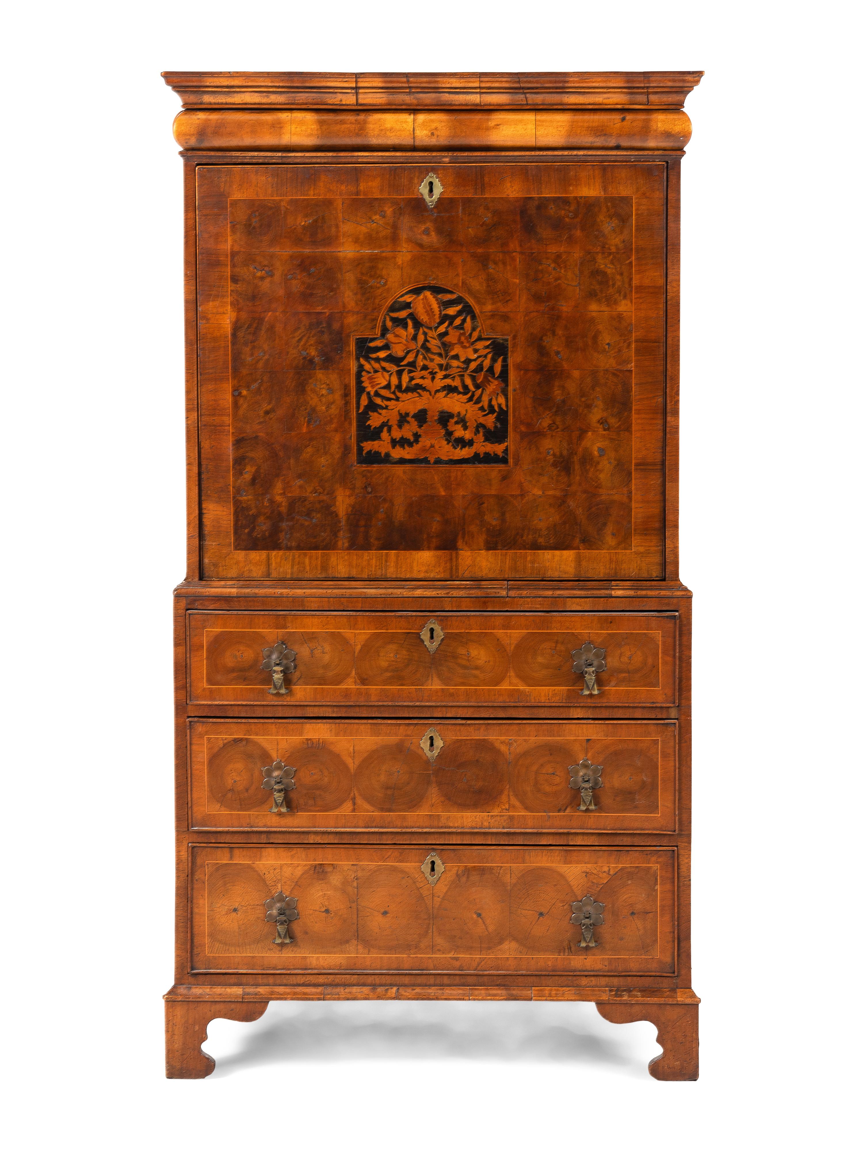 A William and Mary Style Oyster Walnut and Floral Marquetry Fall-Front Bureau