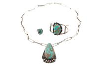 Navajo Silver and Turquoise Necklace, Cuff Bracelet, AND Ring