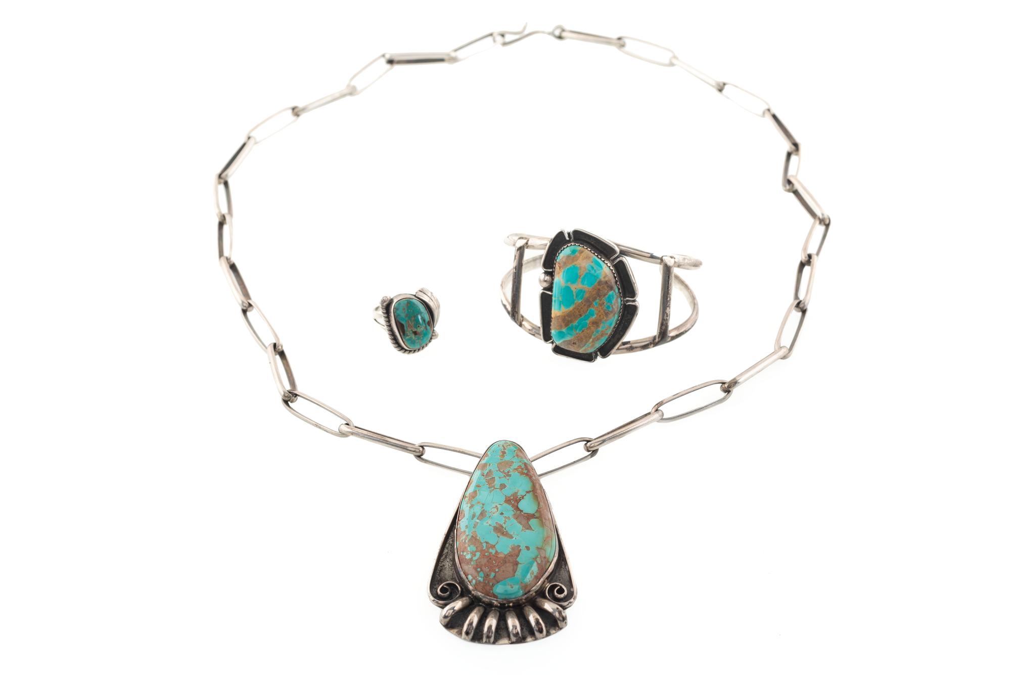 Navajo Silver and Turquoise Necklace, Cuff Bracelet, AND Ring