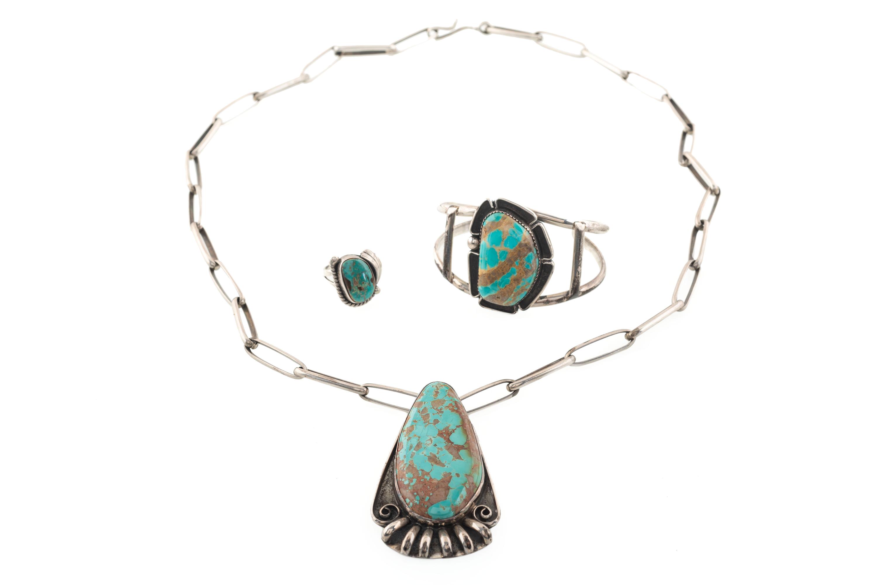 Navajo Silver and Turquoise Necklace, Cuff Bracelet, AND Ring