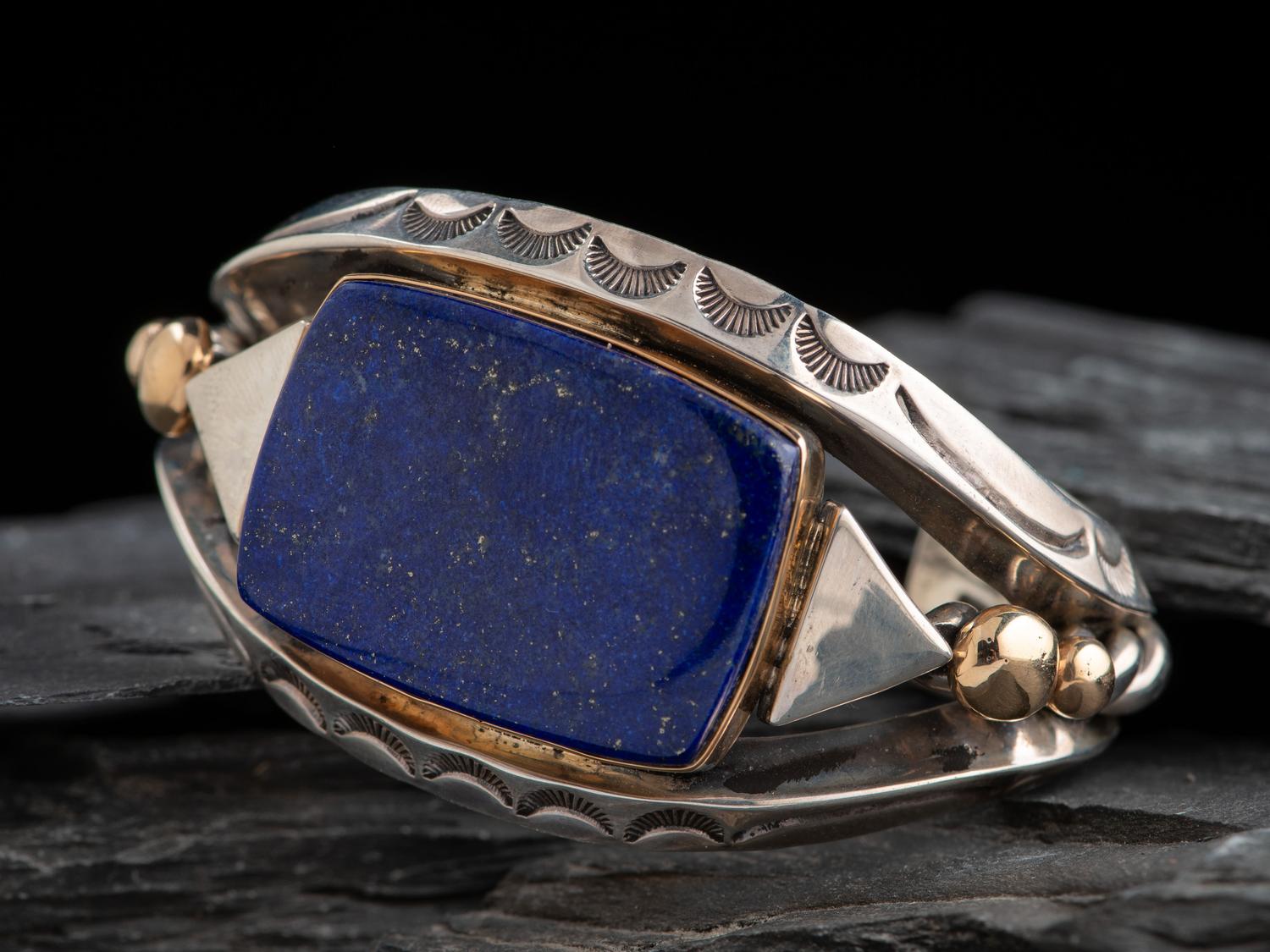 Sterling Silver and Lapis Cuff Bracelet, with 14K Gold Accents