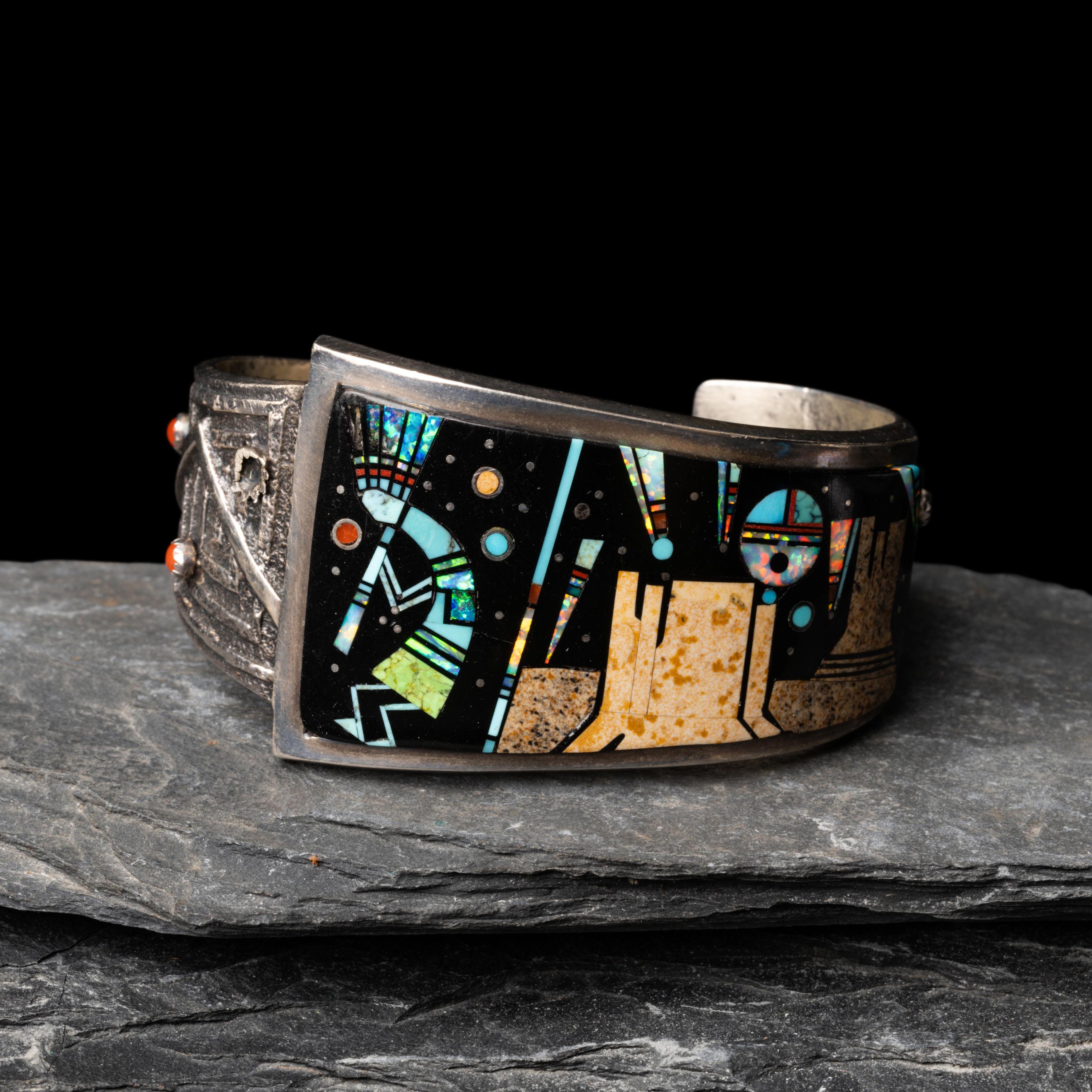 Aaron Anderson (Diné, b. 1970) — Silver Tufa Cast and Mosaic Inlay Cuff Bracelet