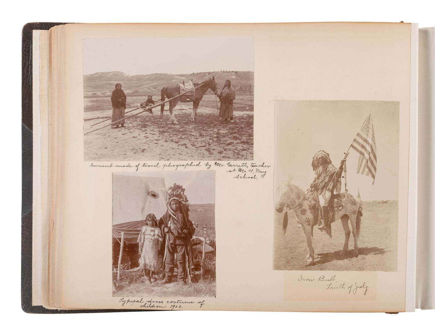 Exceptional album containing photographs of Pine Ridge Reservation and its surroundings, incl. Native American subjects, Indian schools, ceremonies, camp life, and Wounded Knee. Ca late 1890s-early 1900s.