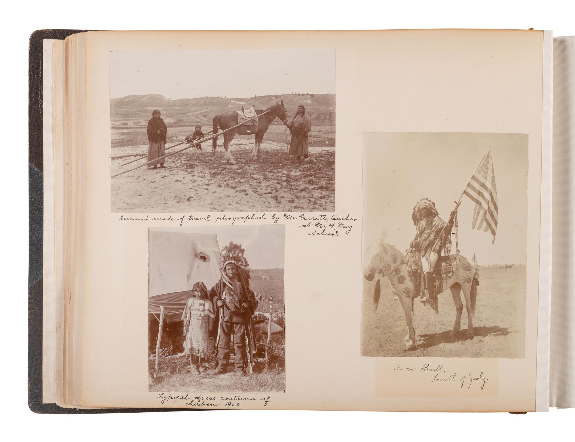 Exceptional album containing photographs of Pine Ridge Reservation and its surroundings, incl. Native American subjects, Indian schools, ceremonies, camp life, and Wounded Knee. Ca late 1890s-early 1900s.