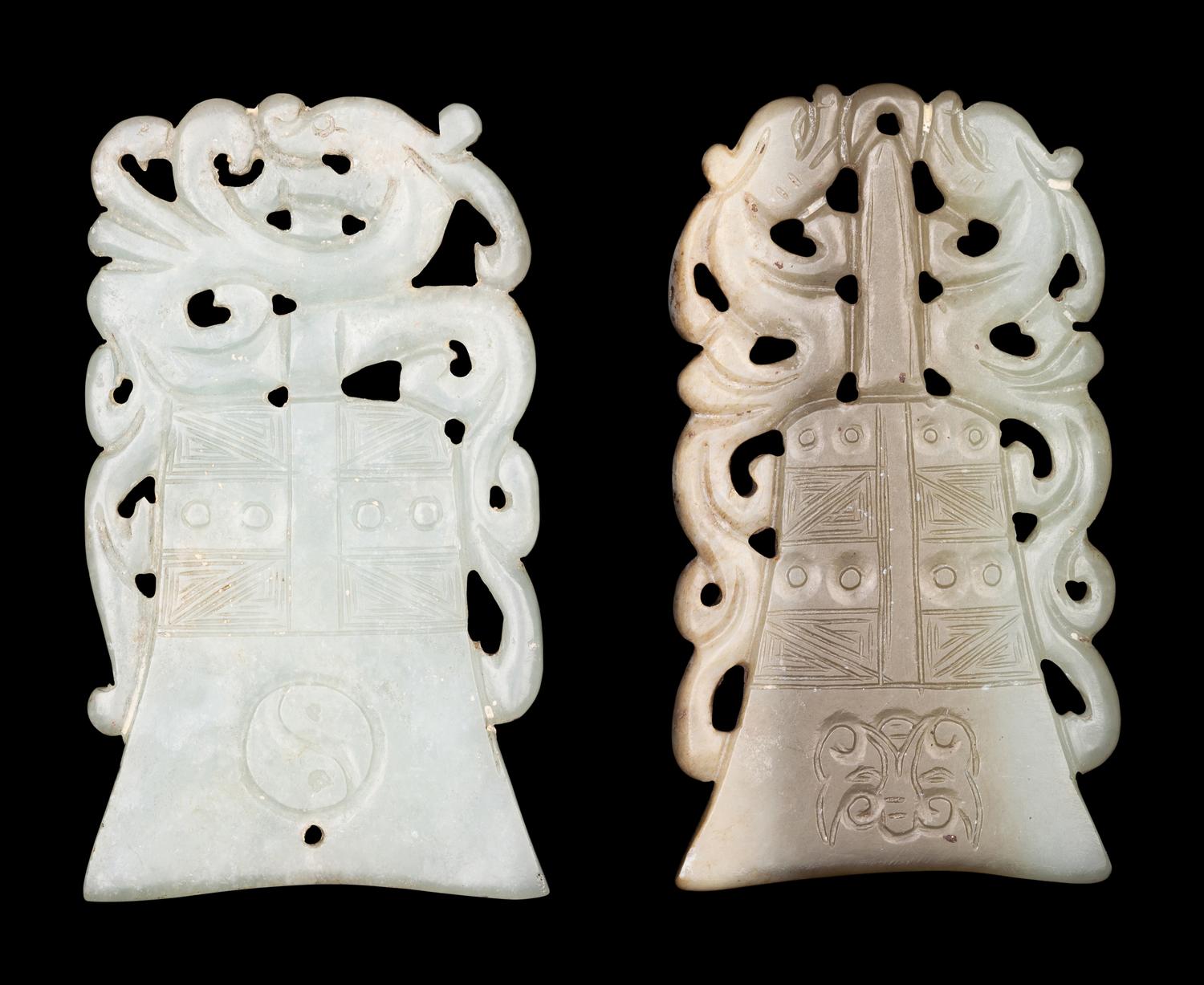 Two Celadon Jade Bell-Form Pendants