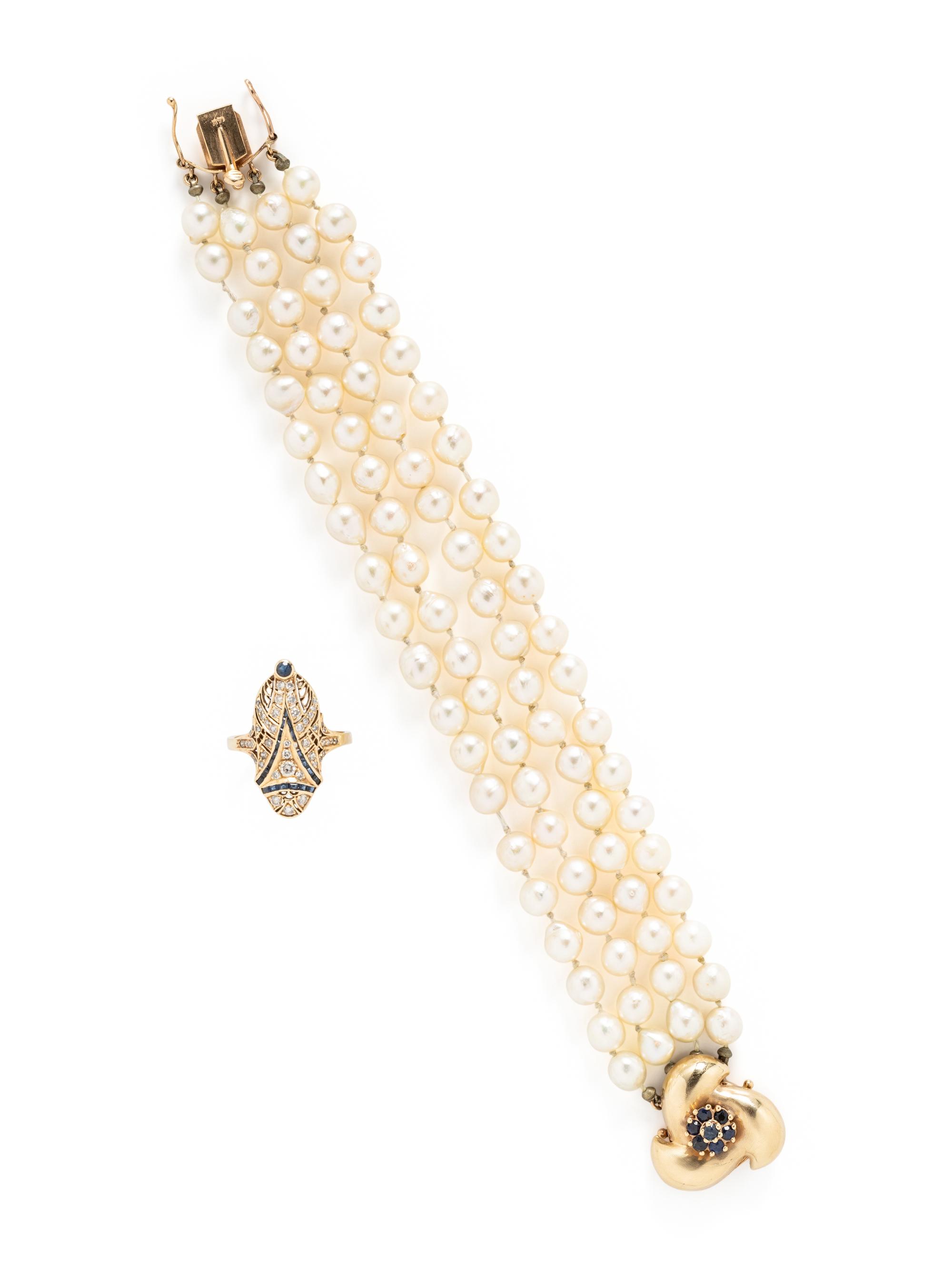 CULTURED PEARL BRACELET AND GEMSTONE RING