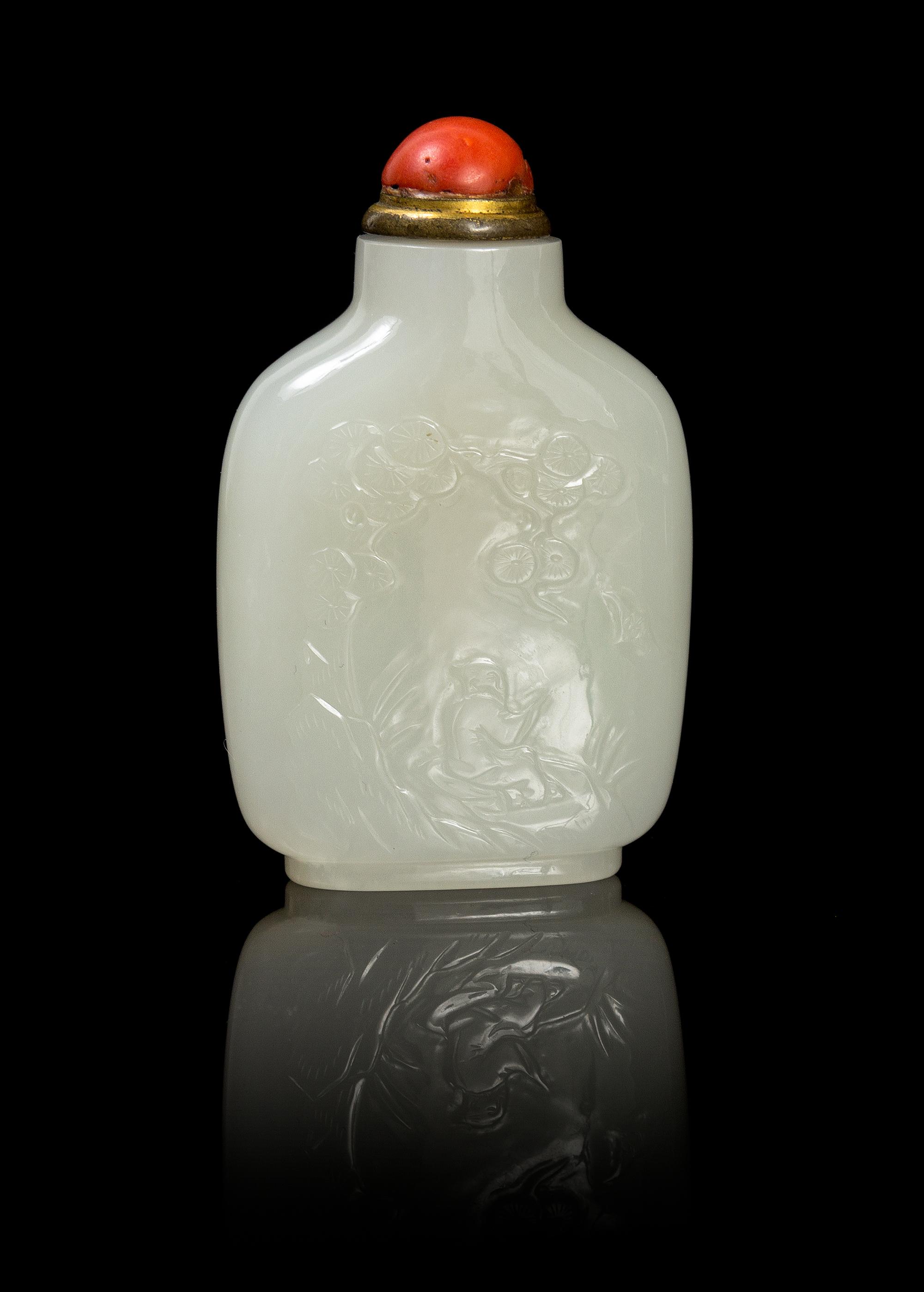 A Chinese White Jade Snuff Bottle QING DYNASTY, 18TH/19TH CENTURY Height 3 inches. — QING DYNASTY, 18TH/19TH CENTURY