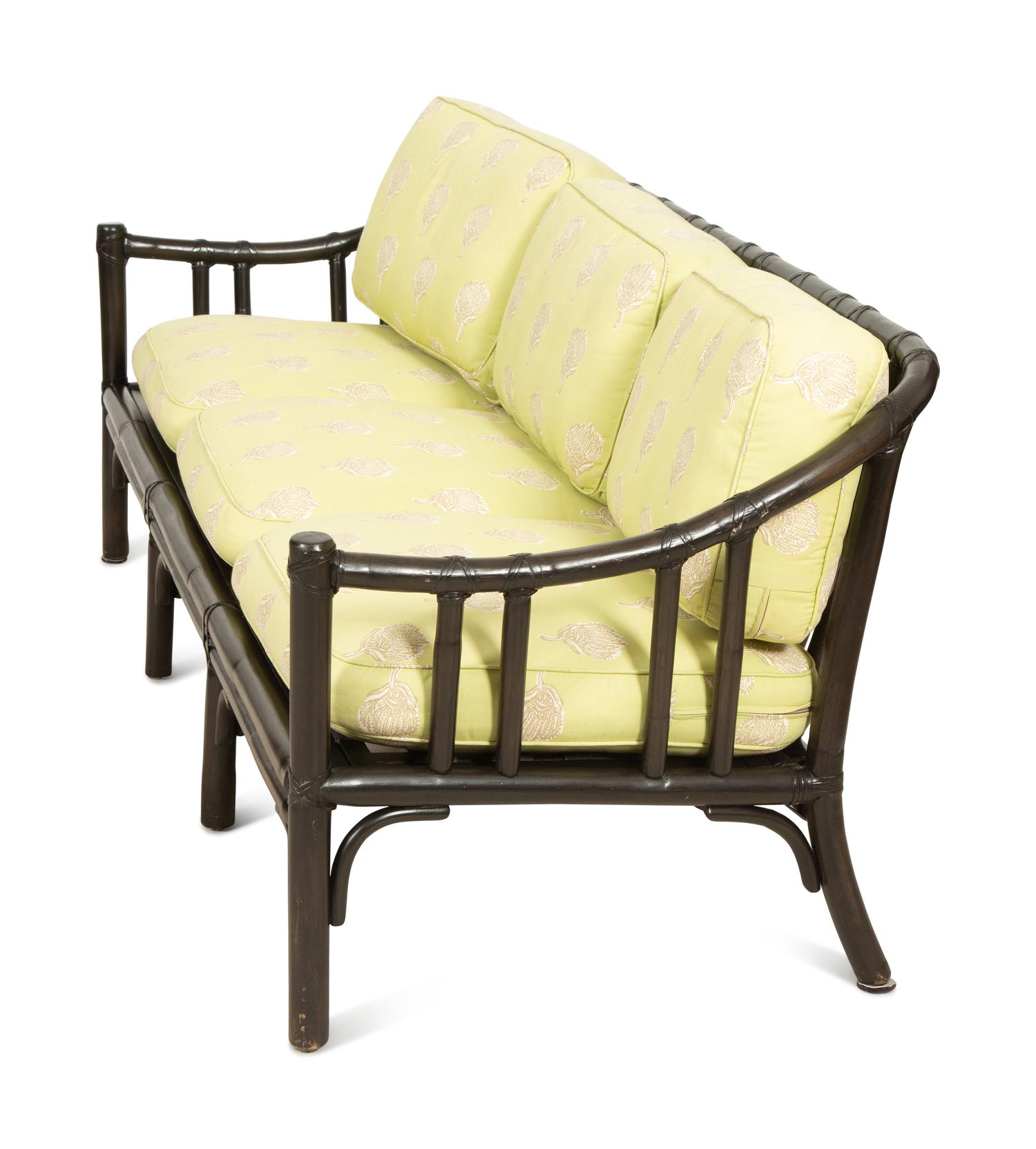 A McGuire Black Painted Rattan Six-Piece Furniture Suite