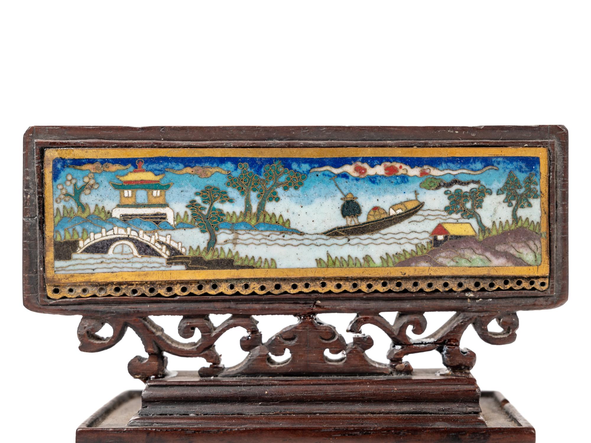 A Chinese Cloisonné Enamel Inset Hardwood Table Screen