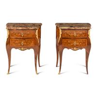 A Pair of Louis XV Style Gilt Bronze Mounted Satinwood, Marquetry and Breche d’Alep Marble-Top Side Tables
