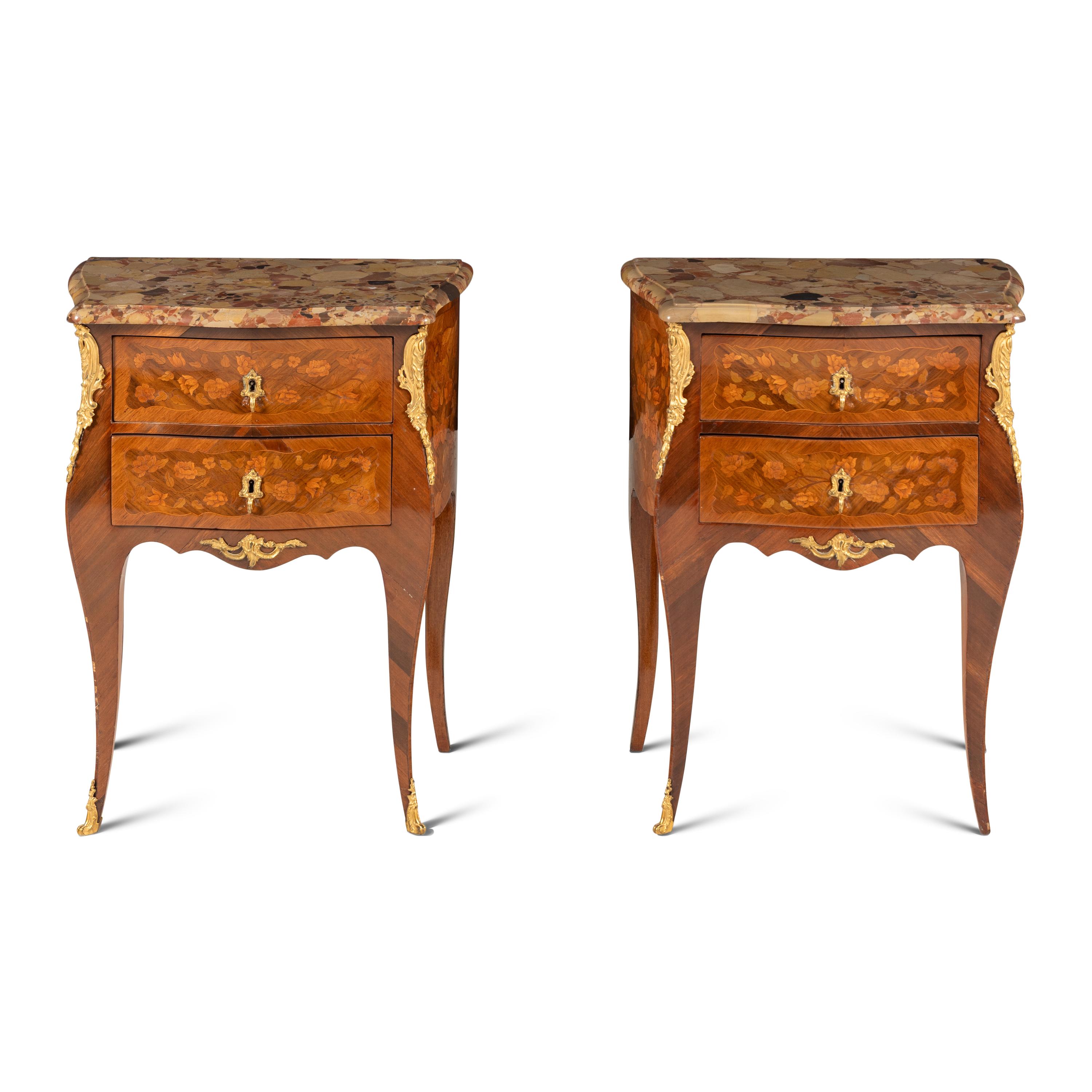 A Pair of Louis XV Style Gilt Bronze Mounted Satinwood, Marquetry and Breche d’Alep Marble-Top Side Tables