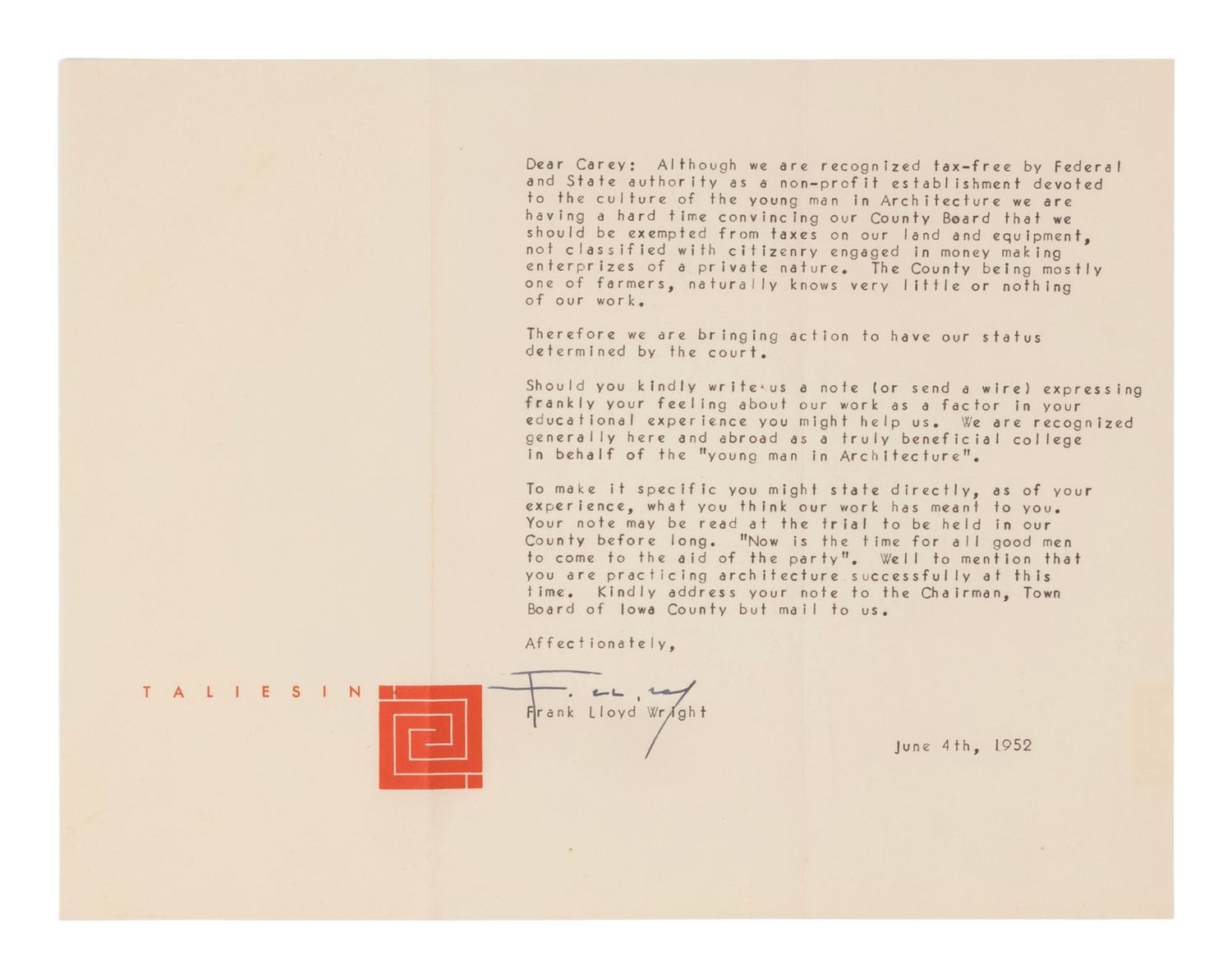 WRIGHT, Frank Lloyd (1869-1959). Typed letter signed ("F. LL. W/"), to Jesse "Carey" Caraway. Taliesin, 4 June 1952.