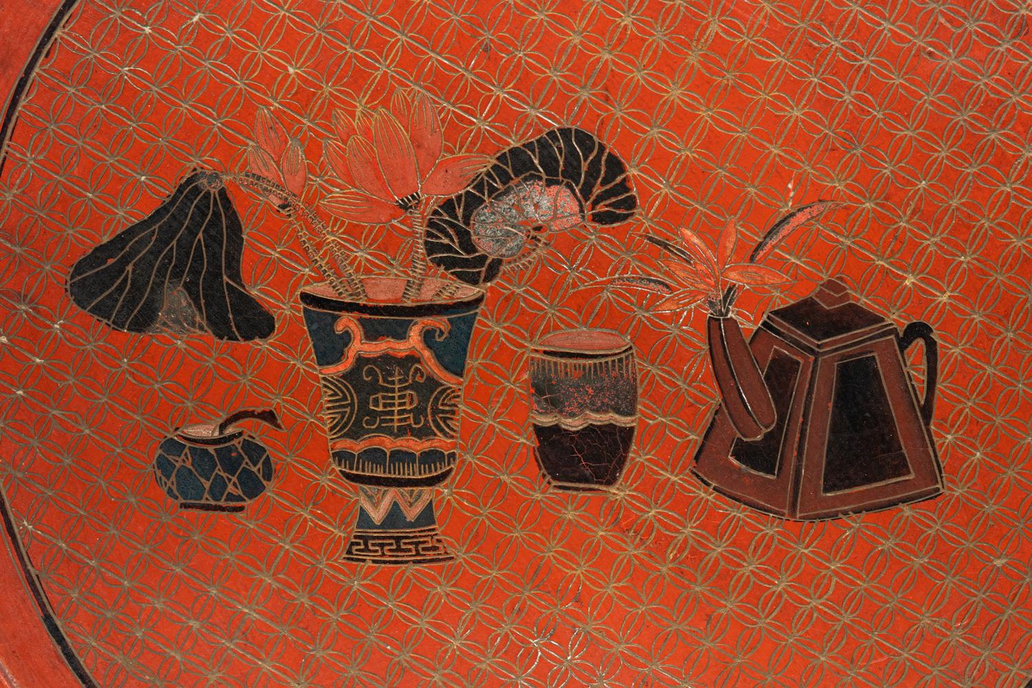 A Chinese Lacquered Bamboo Basket and A Carved Red Lacquer Table Screen