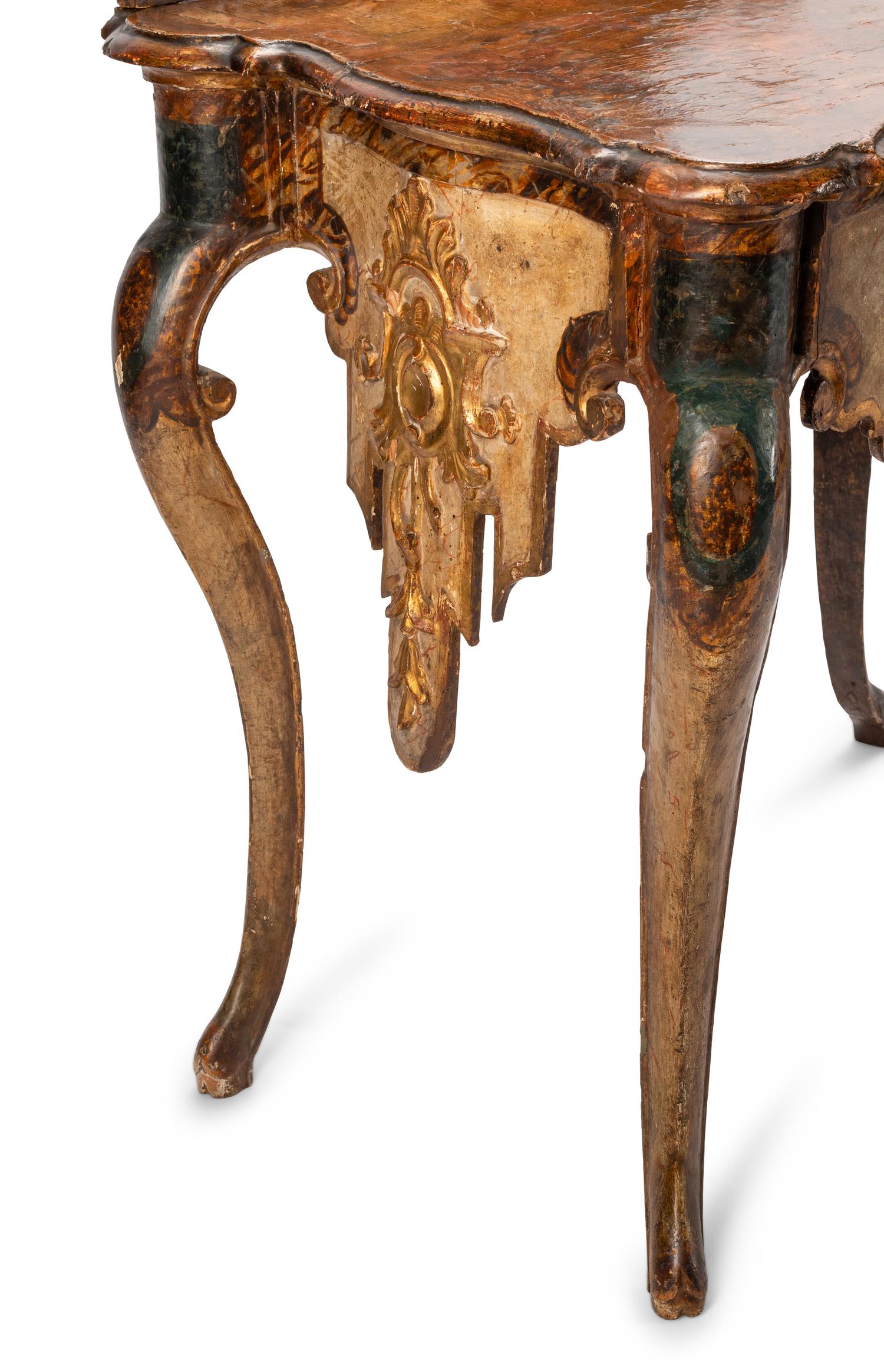 A Pair of Venetian Painted and Parcel Gilt Console Tables
