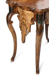 A Pair of Venetian Painted and Parcel Gilt Console Tables