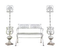 A White Painted Iron Garden Bench and a Pair of Torchères