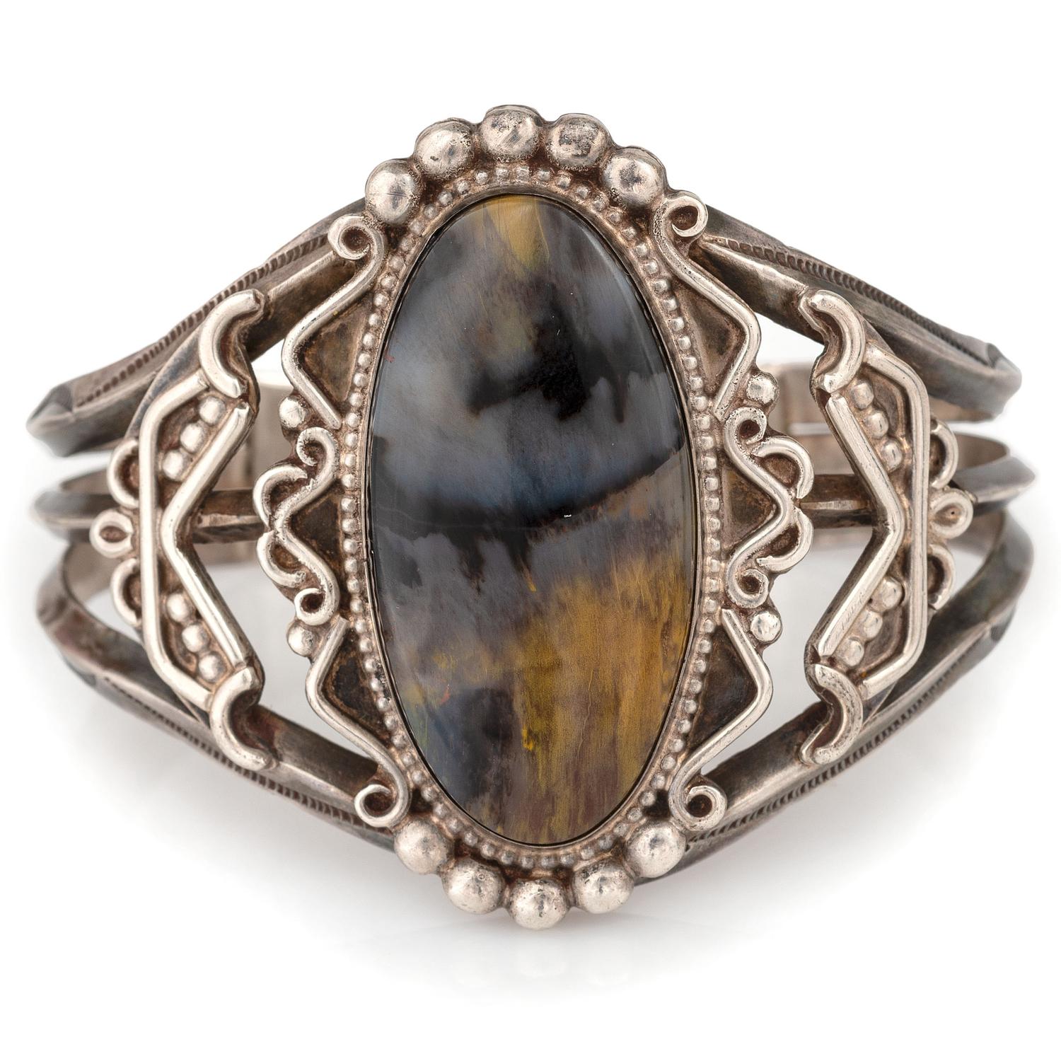 Navajo Fred Harvey Era Silver and Petrified Wood Cuff Bracelet