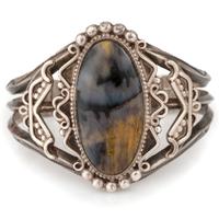 Navajo Fred Harvey Era Silver and Petrified Wood Cuff Bracelet