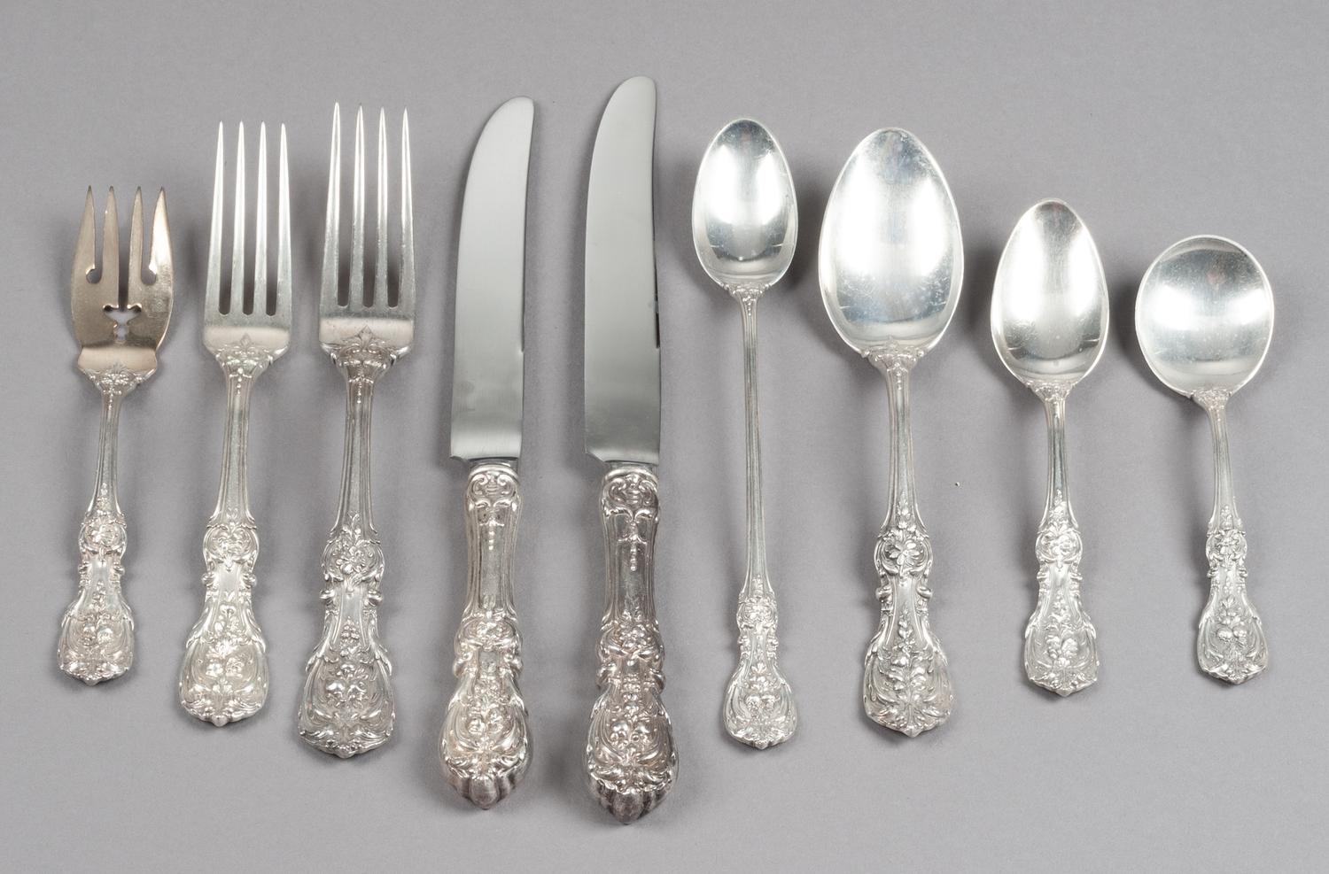 An American Silver Flatware Service, Reed & Barton, Taunton, MA, Francis I pattern engraved with a script monogram, comprising: 12 dinn