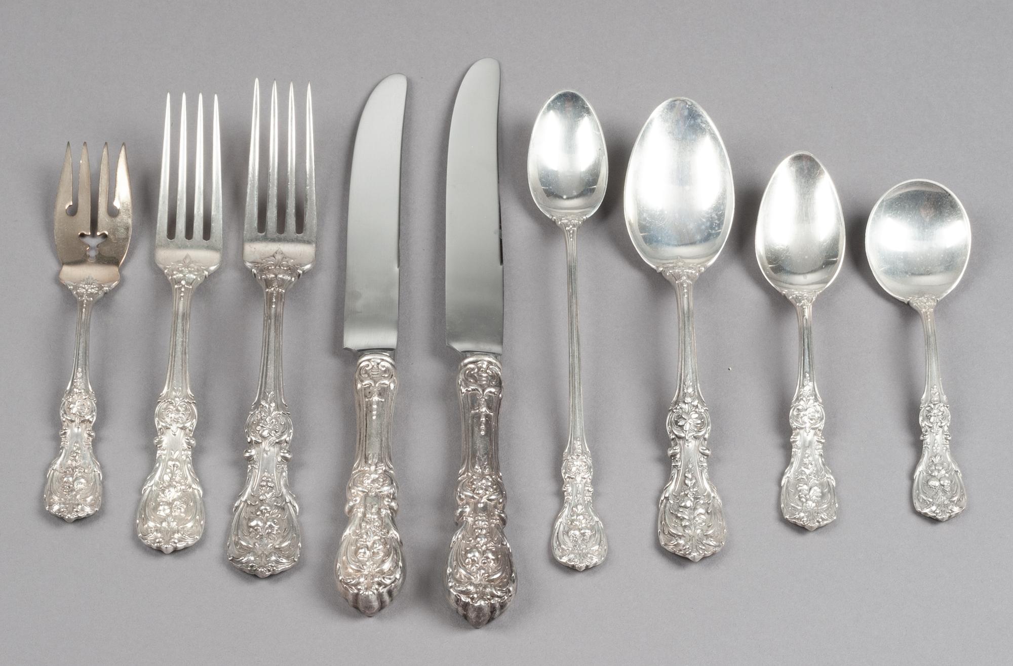 An American Silver Flatware Service, Reed & Barton, Taunton, MA, Francis I pattern engraved with a script monogram, comprising: 12 dinn
