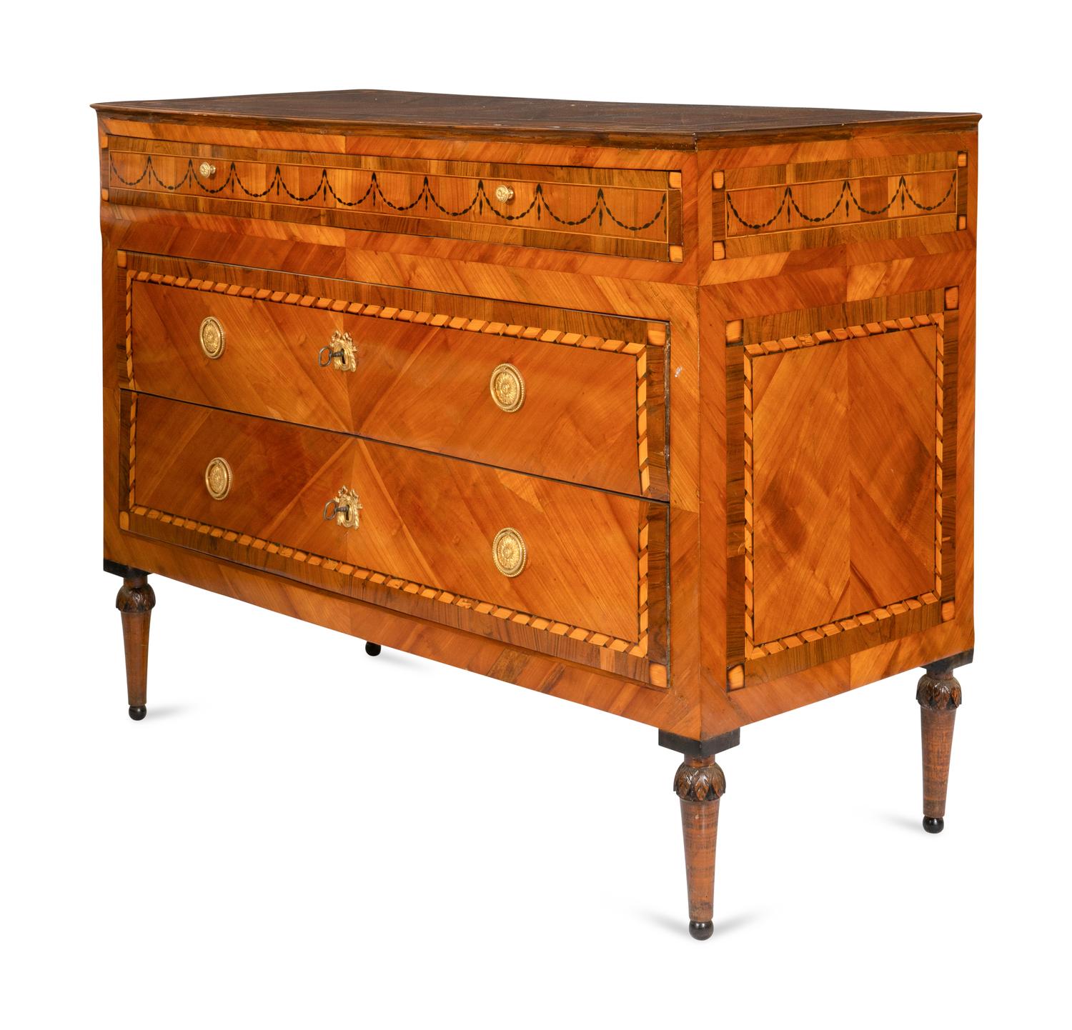 A Pair of Fine North Italian Neoclassical Walnut and Fruitwood Parquetry Commodes