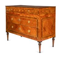 A Pair of Fine North Italian Neoclassical Walnut and Fruitwood Parquetry Commodes