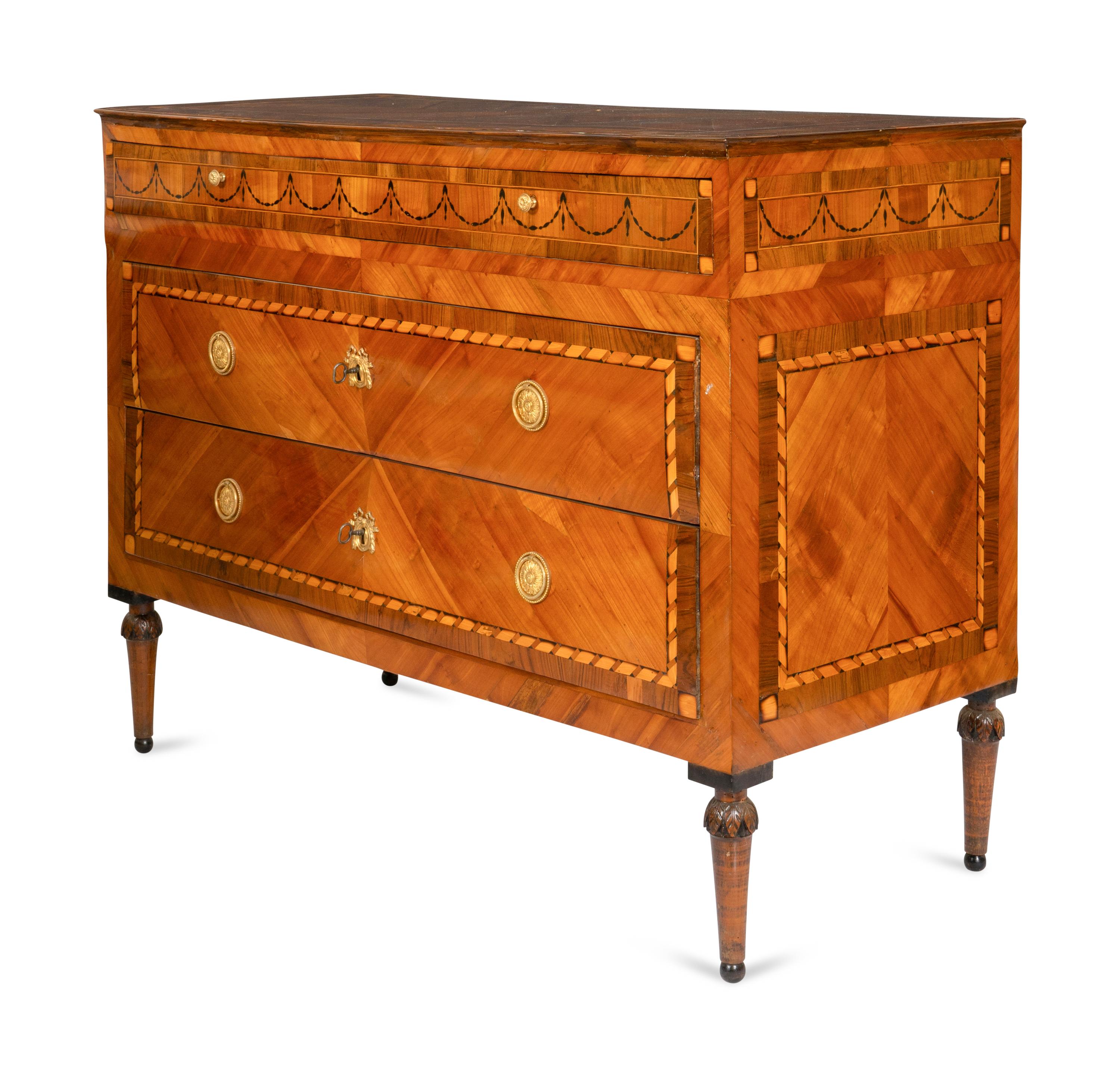 A Pair of Fine North Italian Neoclassical Walnut and Fruitwood Parquetry Commodes