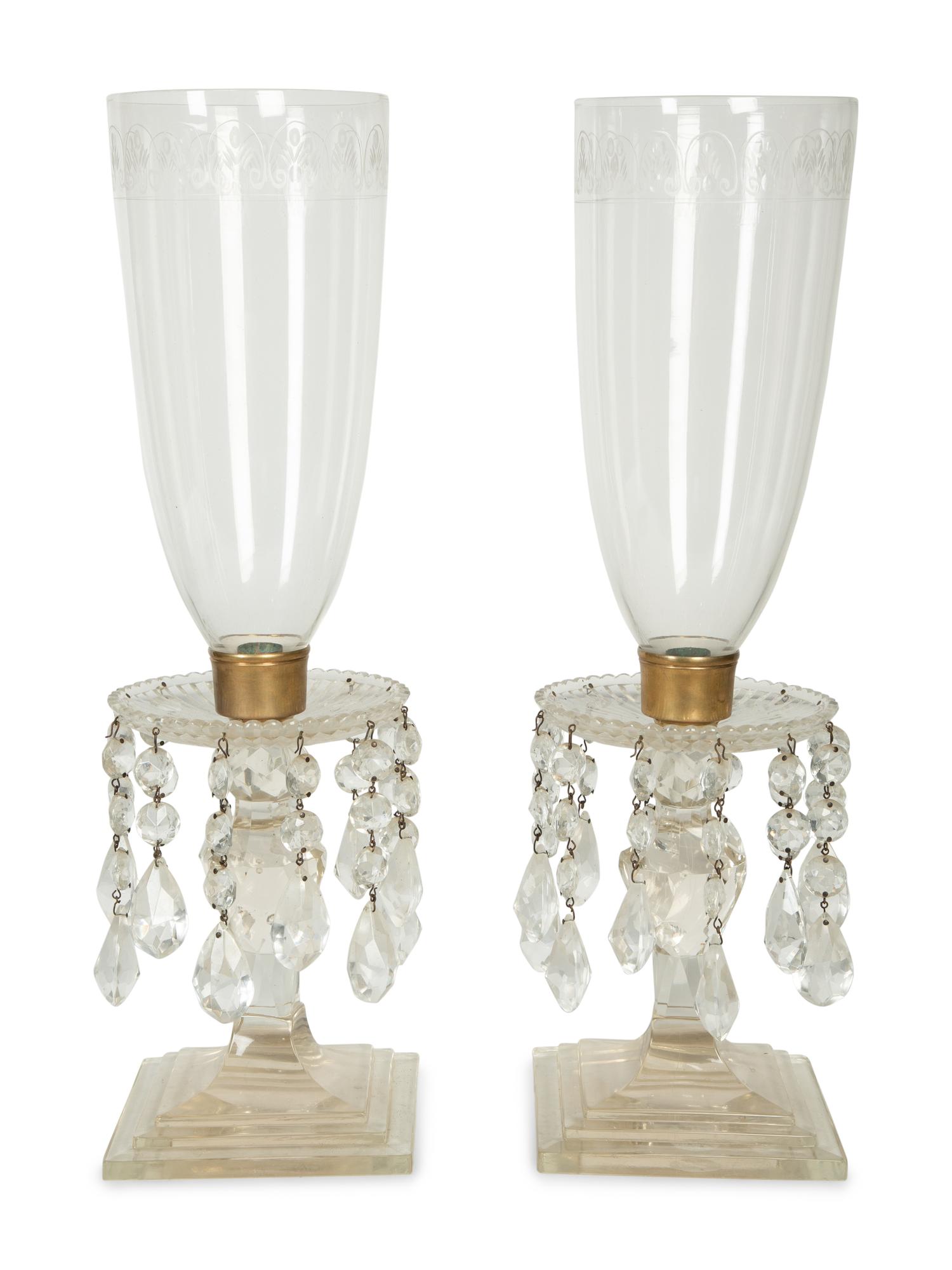 A Pair of English Etched Glass Hurricane Candlesticks