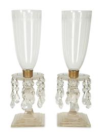 A Pair of English Etched Glass Hurricane Candlesticks