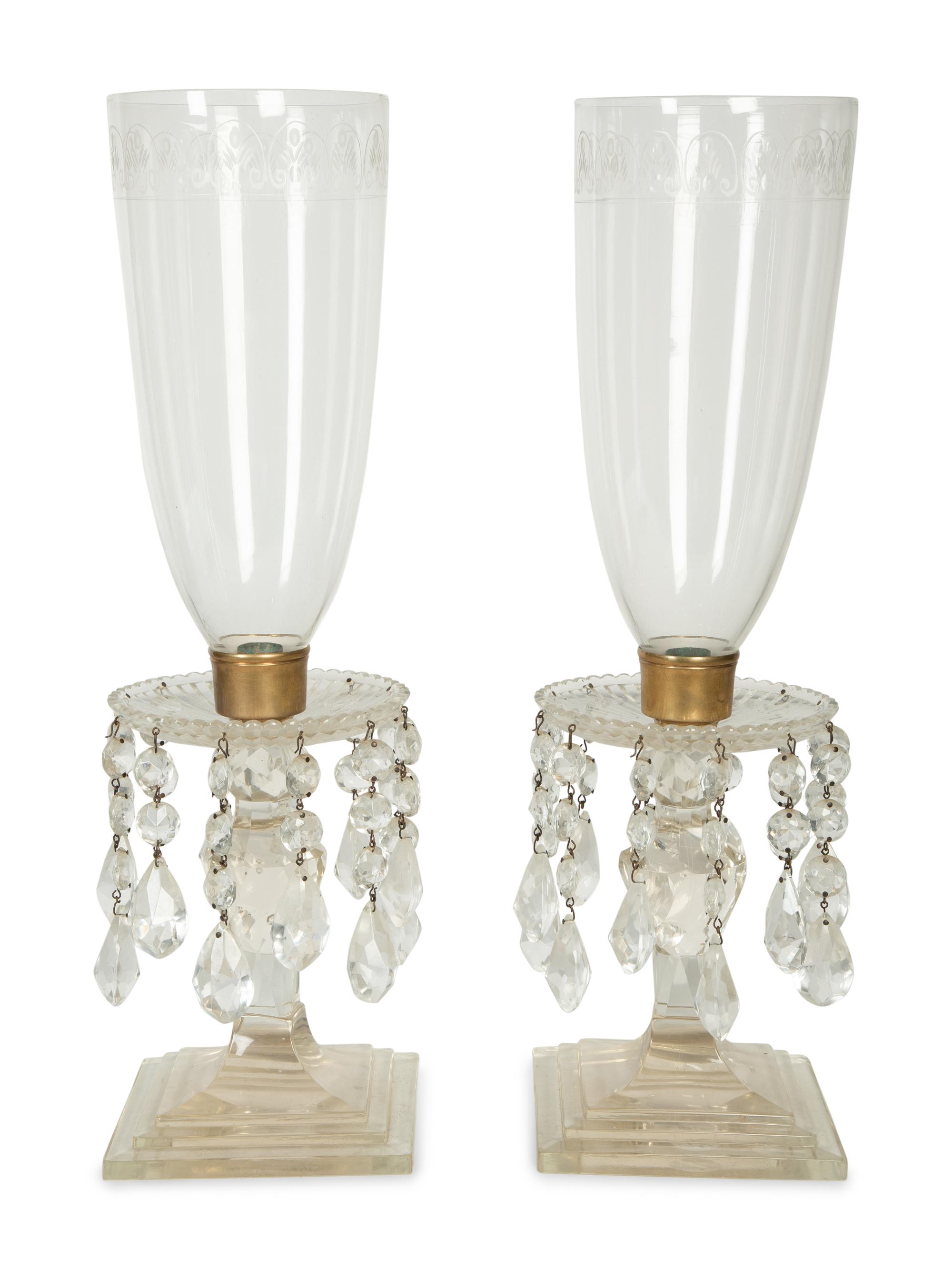 A Pair of English Etched Glass Hurricane Candlesticks