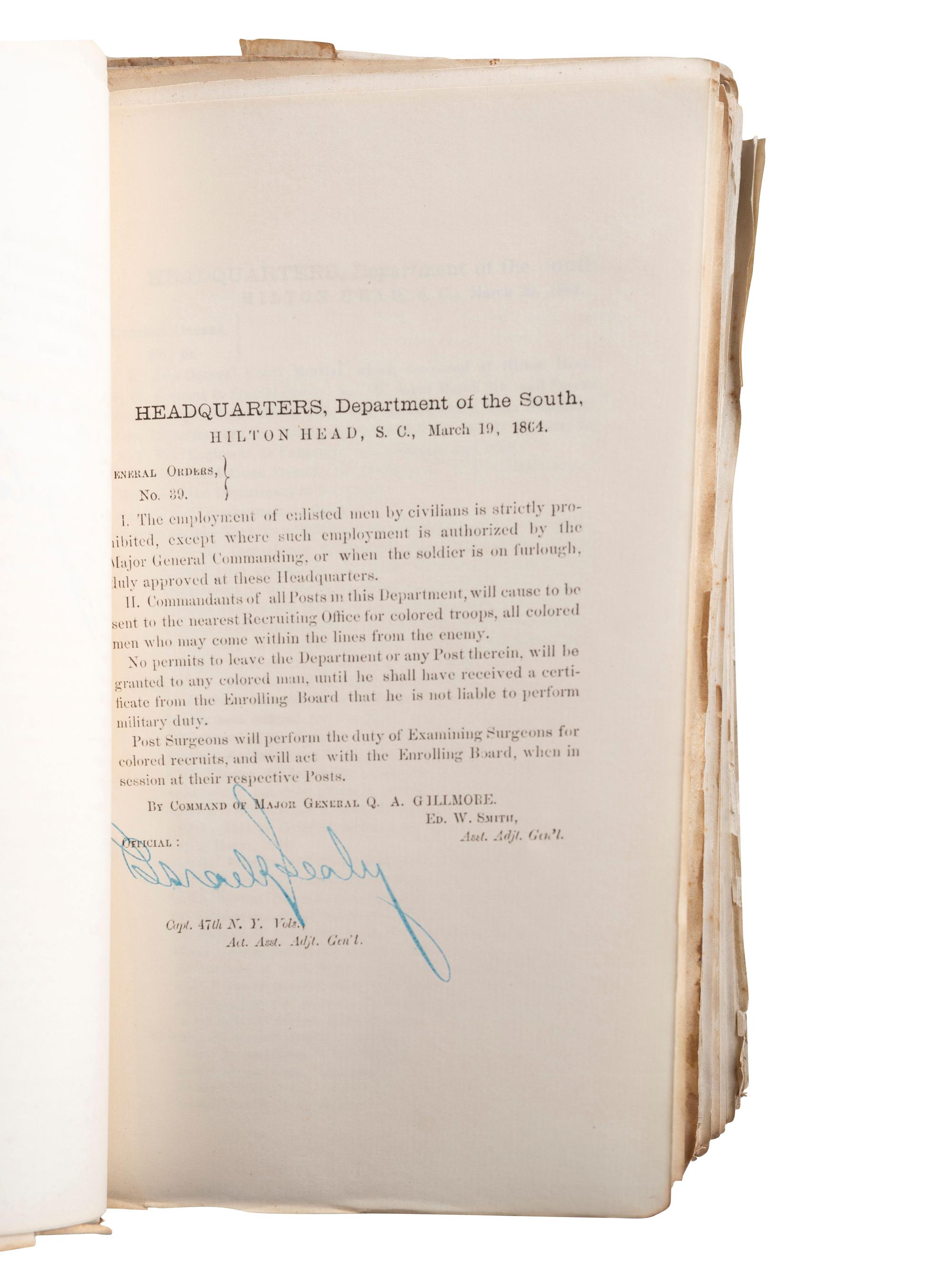 [CIVIL WAR]. Bound General Orders book referring to African American soldiers, 1864.