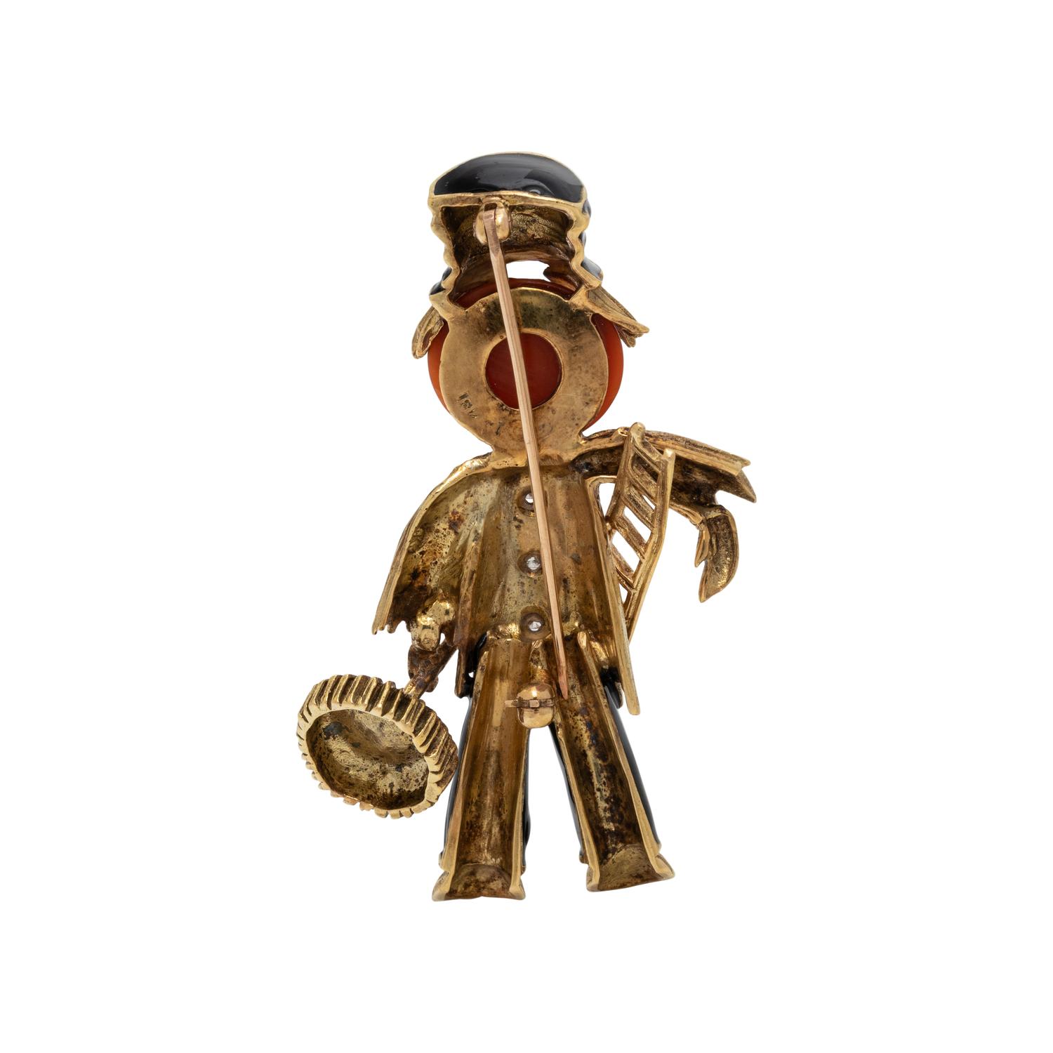 YELLOW GOLD, DIAMOND, CORAL AND ENAMEL CHIMNEY SWEEP BROOCH