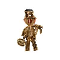 YELLOW GOLD, DIAMOND, CORAL AND ENAMEL CHIMNEY SWEEP BROOCH