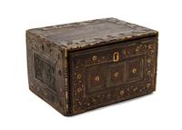 A Spanish Bone Inlaid Vargueno, Height 6 1/2 x width 10 5/8 x depth 8 1/8 inches.