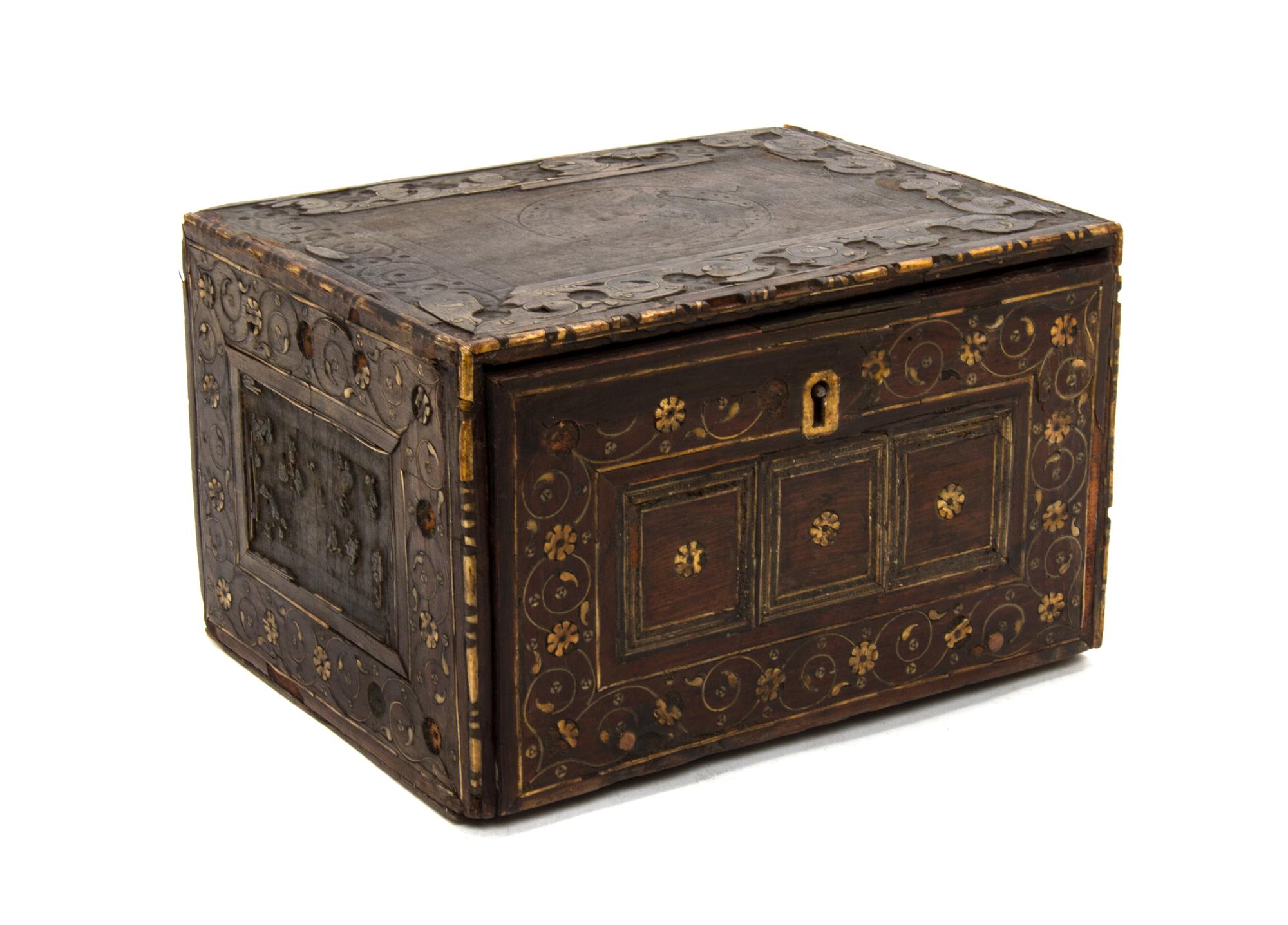 A Spanish Bone Inlaid Vargueno, Height 6 1/2 x width 10 5/8 x depth 8 1/8 inches.
