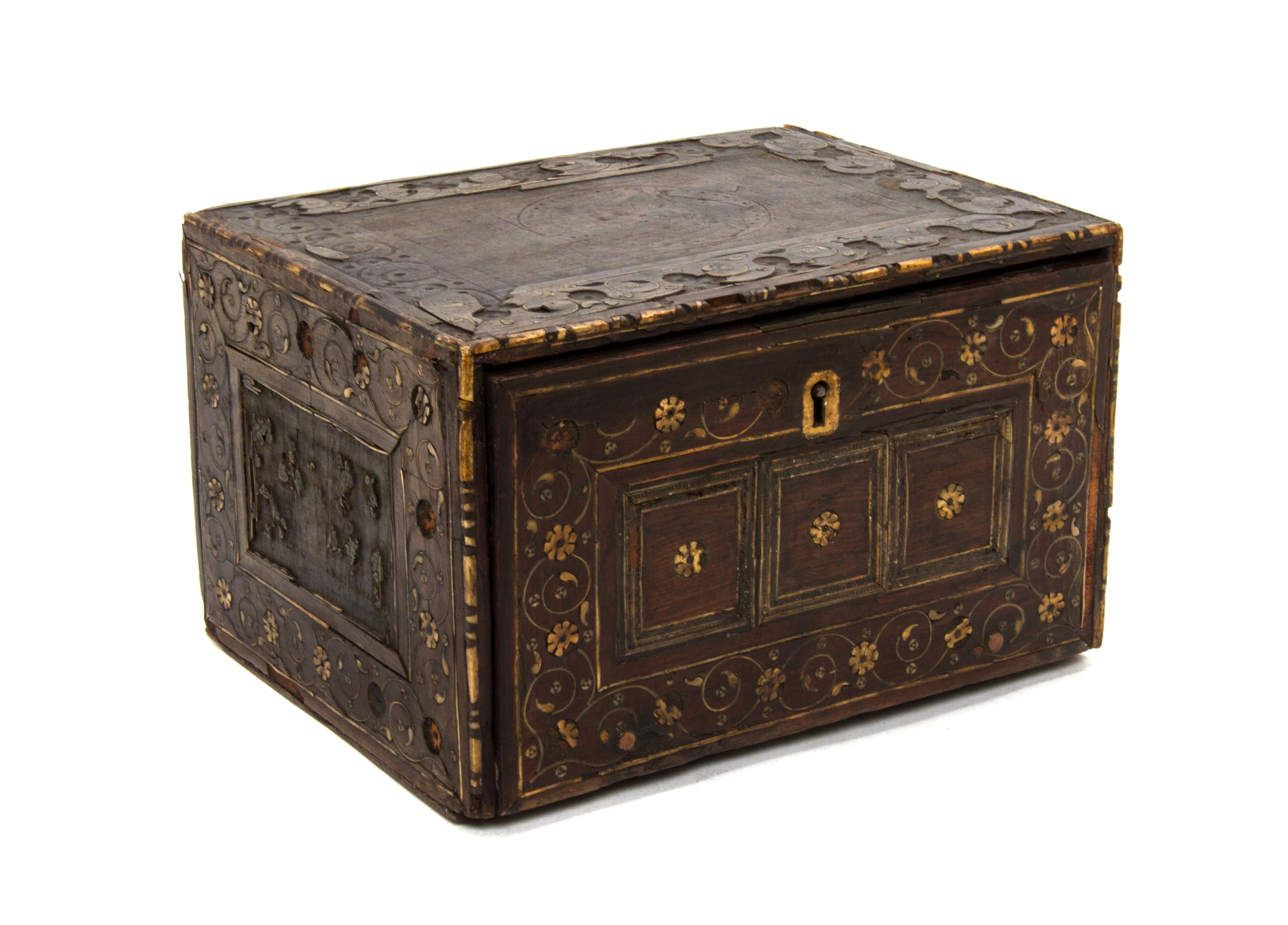 A Spanish Bone Inlaid Vargueno, Height 6 1/2 x width 10 5/8 x depth 8 1/8 inches.