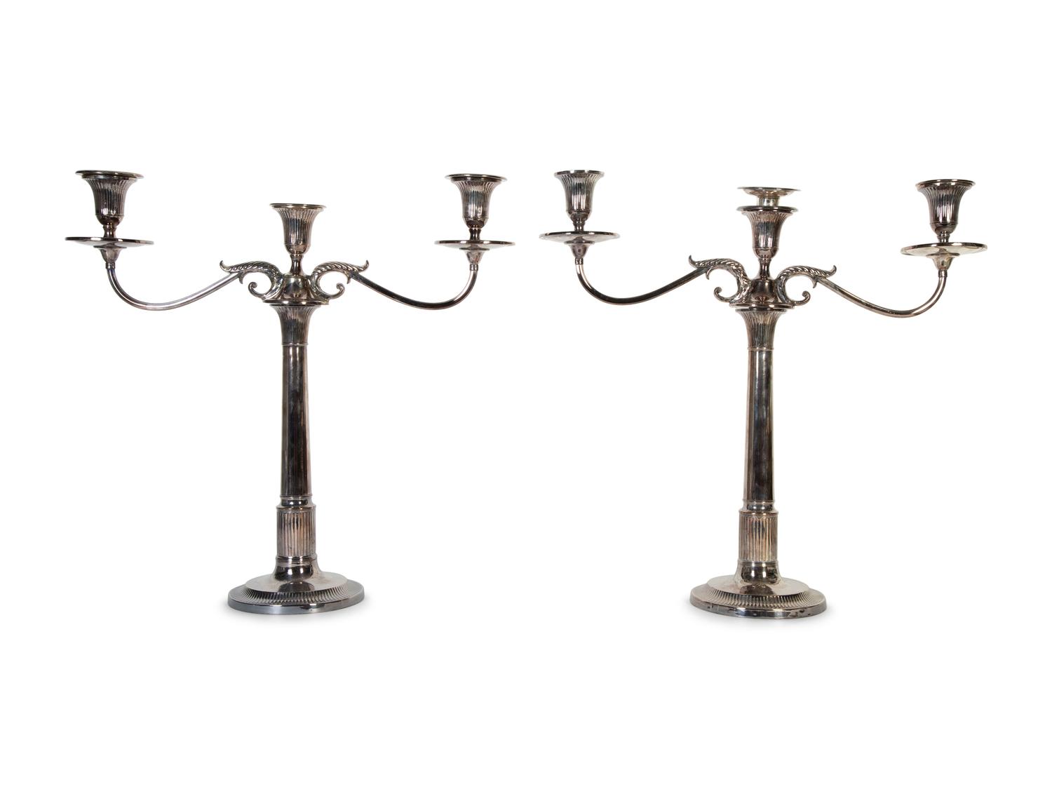 A Pair of Sheffield Silver-Plate Three-Light Candelabra