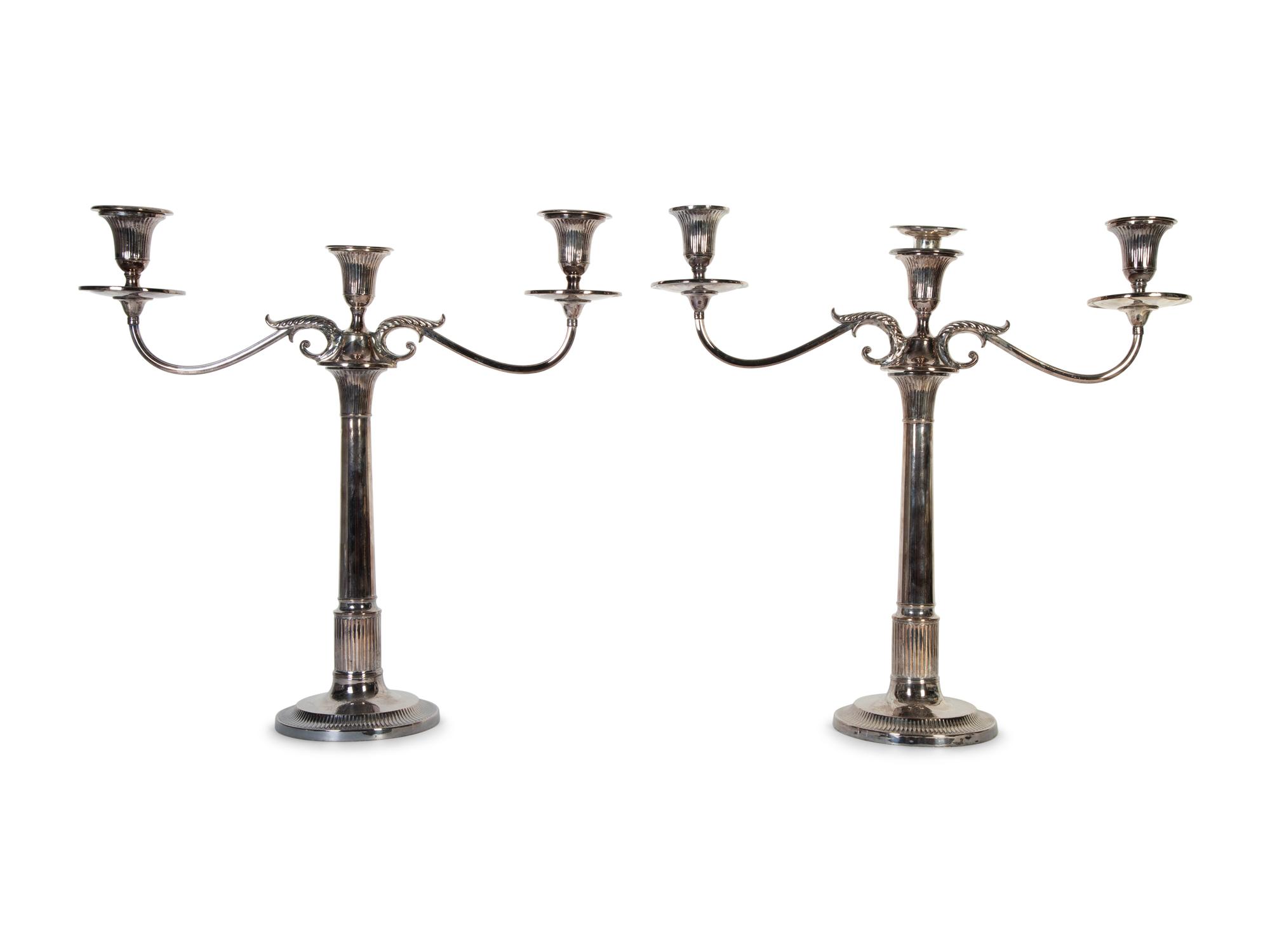 A Pair of Sheffield Silver-Plate Three-Light Candelabra