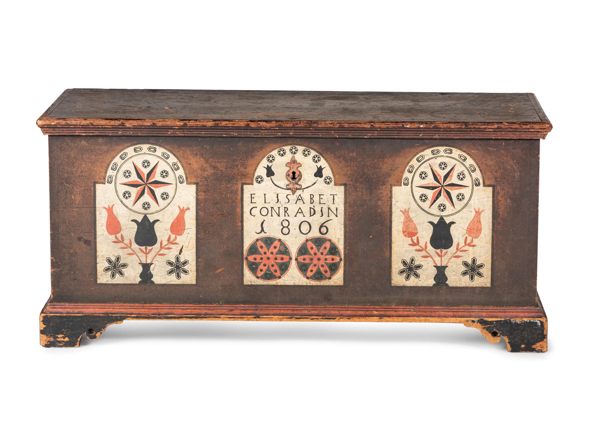 A Federal Flower and Compass Decorated Poplar and Pine Elisabet Conradin Blanket Chest