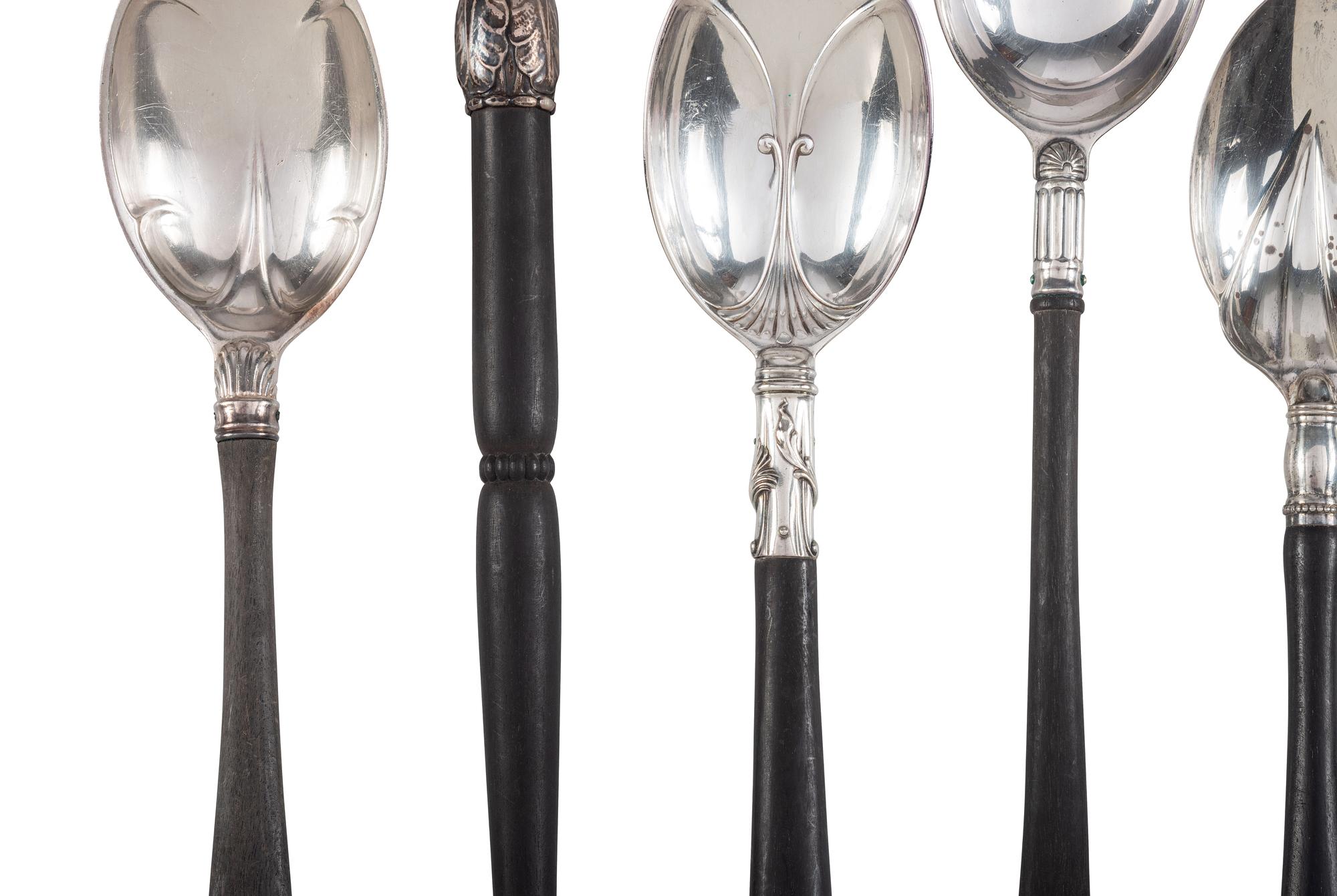 Eight American and Continental Silver and Silverplate Wood-Handled Serving Utensils