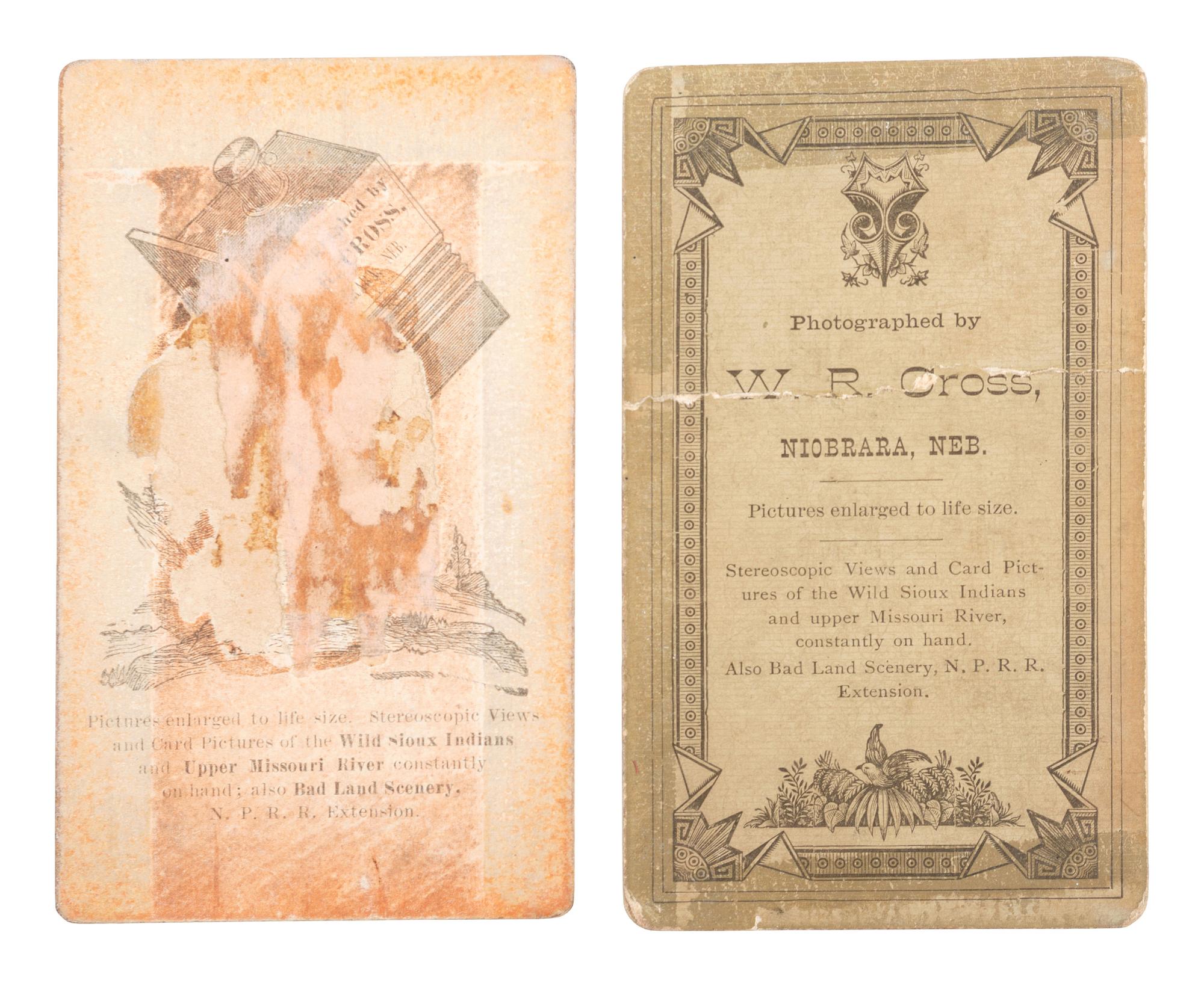 [NATIVE AMERICANS]. CROSS, William R., photographer. A group of 2 CDVs of Sioux subjects including Sitting Bull's prisoner of war camp. Niobrara, NE: n.d.