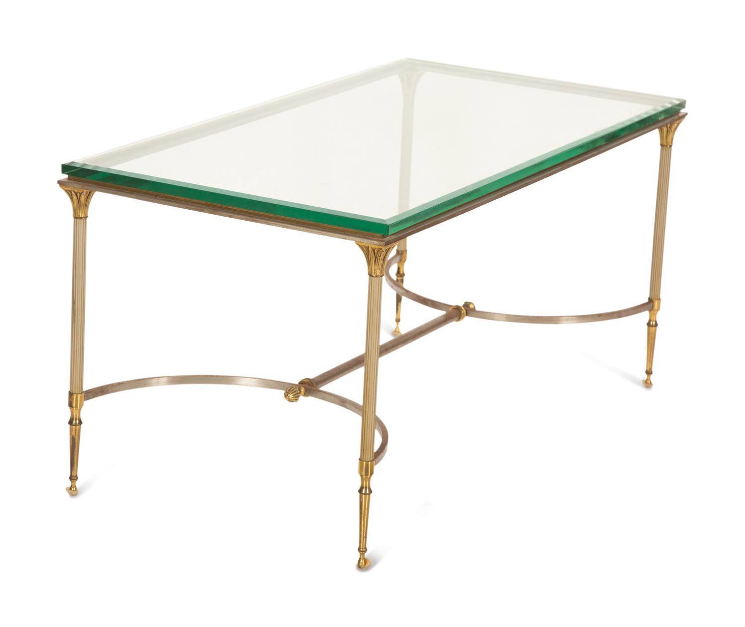 A Neoclassical Style Steel and Brass Glass Top Coffee Table in the Manner of Maison Jansen