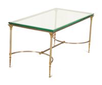 A Neoclassical Style Steel and Brass Glass Top Coffee Table in the Manner of Maison Jansen