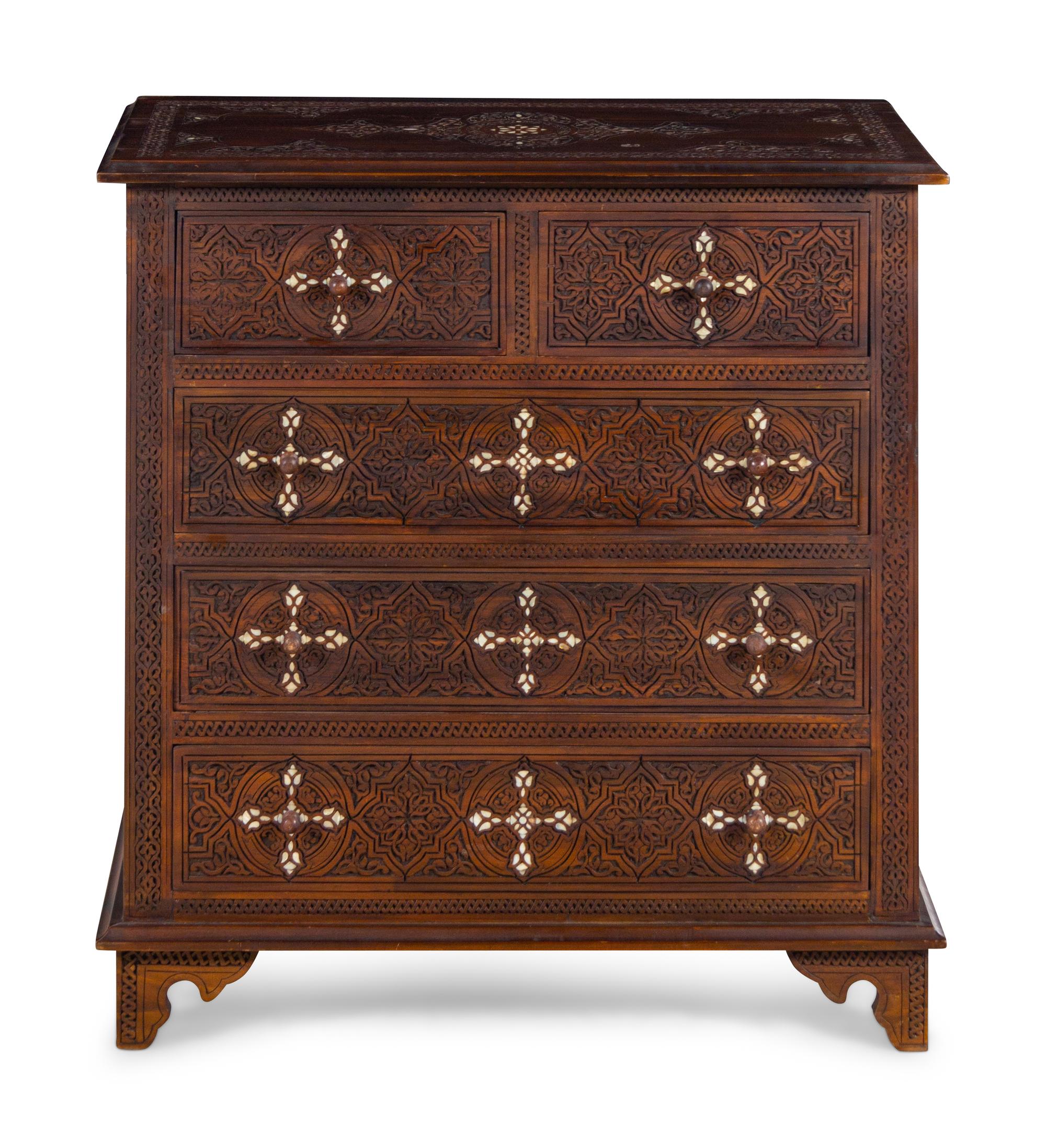 A Syrian Mother-of-Pearl Inlaid Walnut Chest of Drawers — 20TH CENTURY