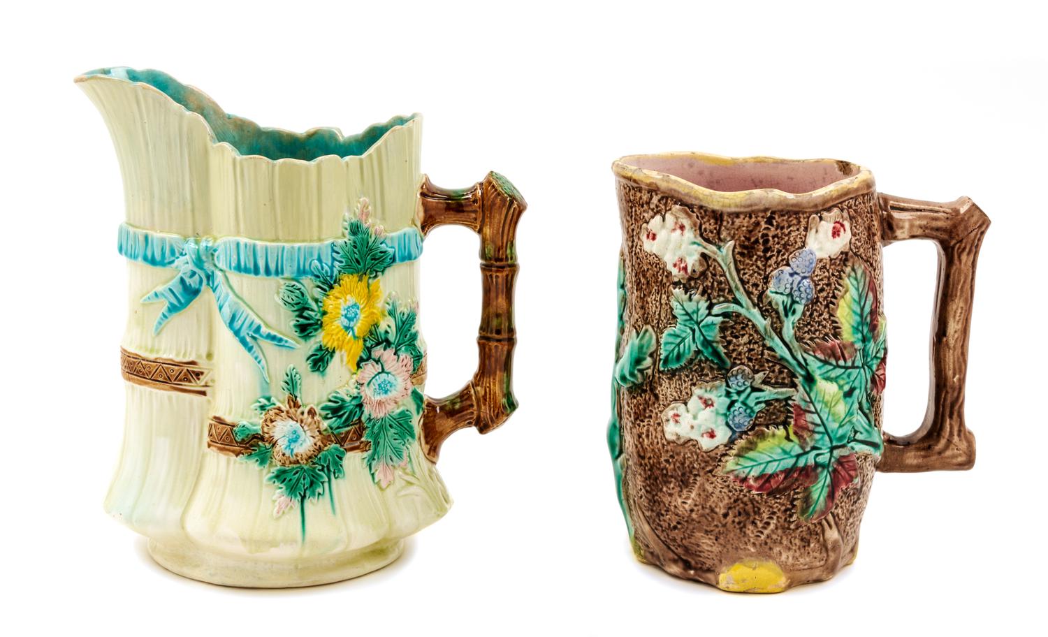 Two Majolica Water Pitchers Height of taller 9 1/2 inches. — LATE 19TH/EARLY 20TH CENTURY