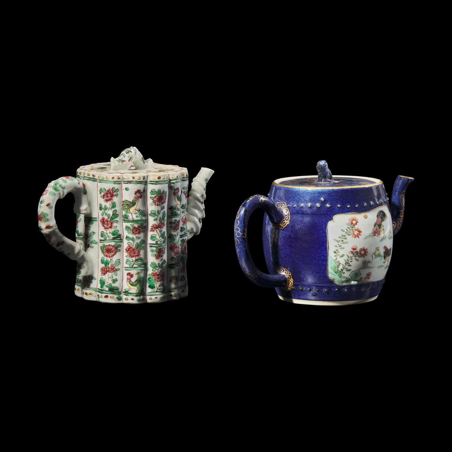Two Chinese Famille Verte Porcelain Teapots, Kangxi Period 清康熙 五彩鼓凳式壺及竹節壺