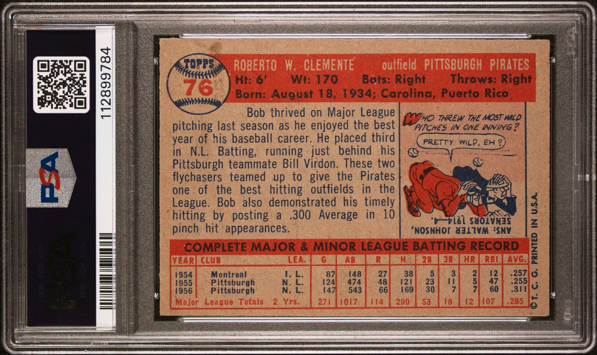 A 1957 Topps Roberto Clemente Baseball Card No. 76 (PSA 6 EX-MT)