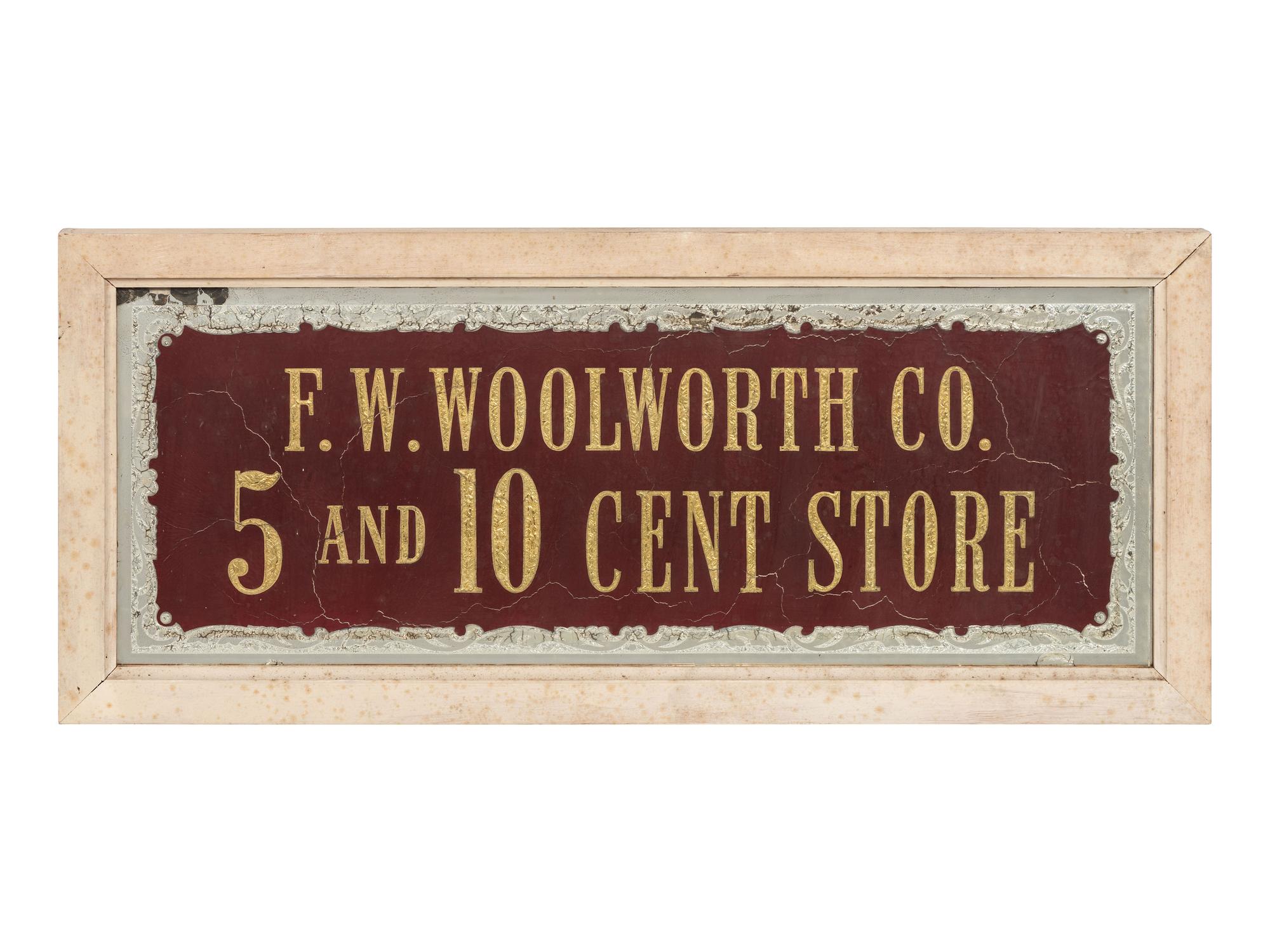 An F.W. Woolworth Reverse Paint and Foil Decorated Advertising Sign